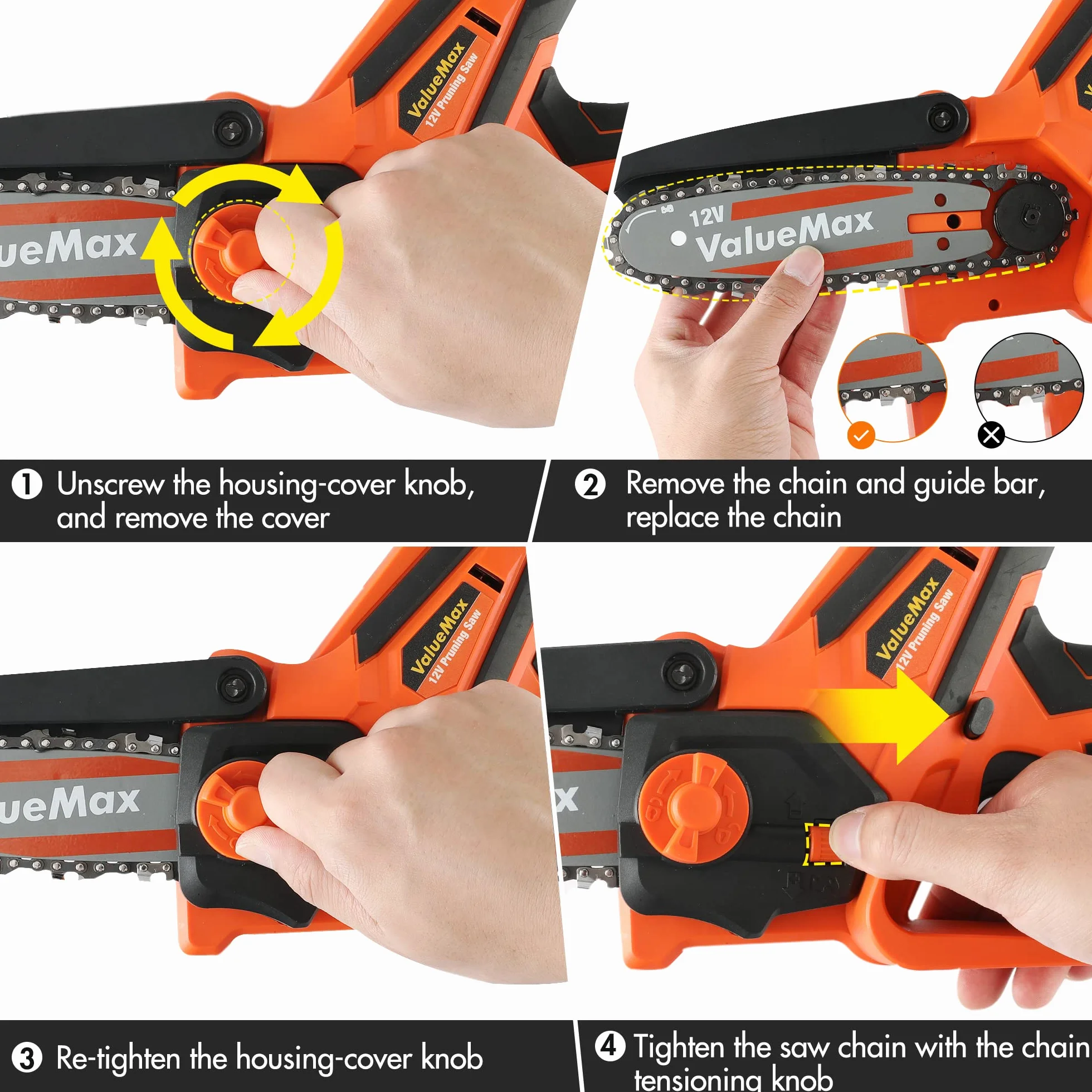 ValueMax Mini Tronconneuse a Batterie 4 Pouces | 12V Tronçonneuse Électrique Sans Fil Portable et 2 * 2000mAh Batteries pour les Branches d'arbres, l'élagage le Jardin