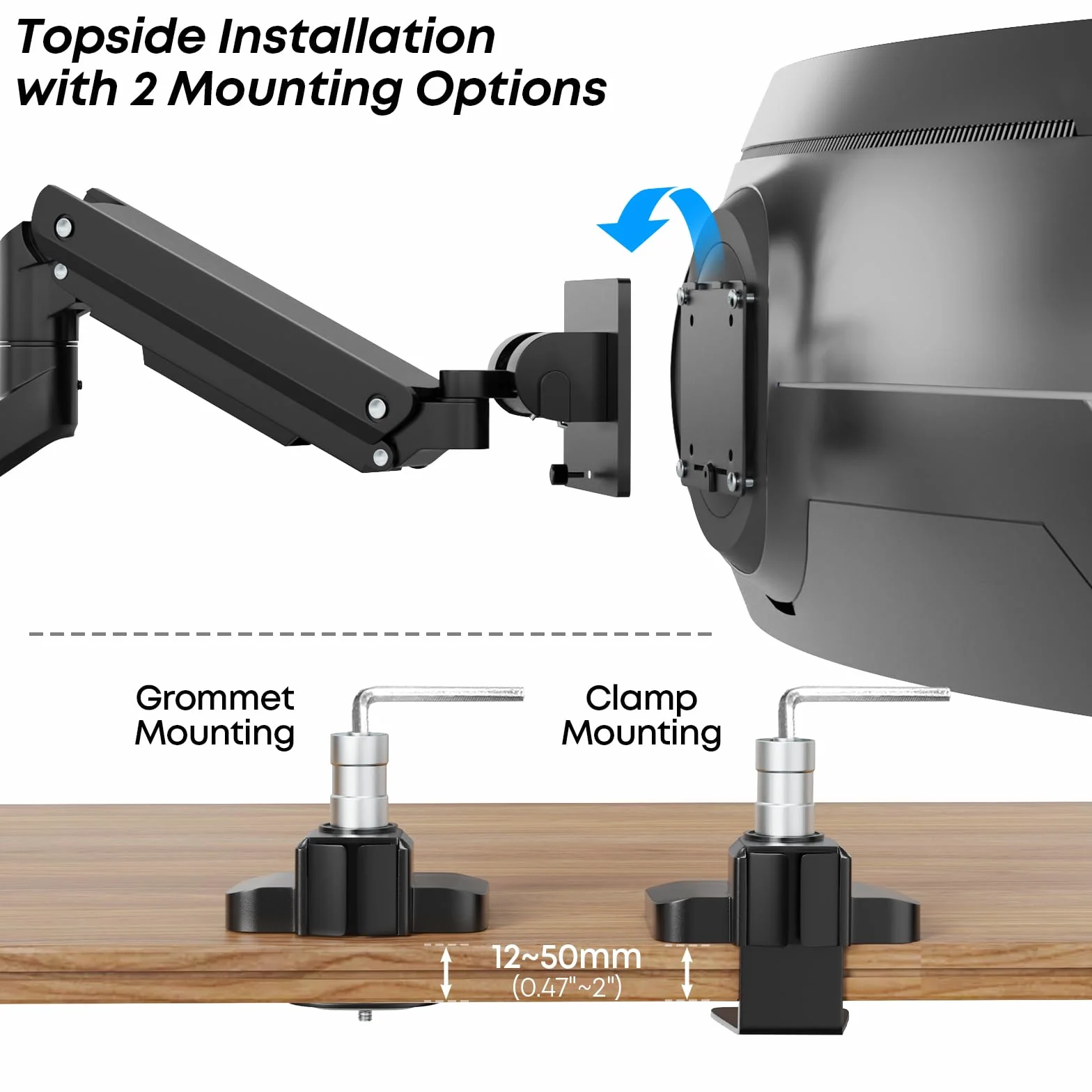 Support d'écran Plat et incurvé 17-49 Pouces, Robuste à Ressort à gaz, réglable en Hauteur, Inclinaison, Charge 2-20 kg, VESA 75/100 mm