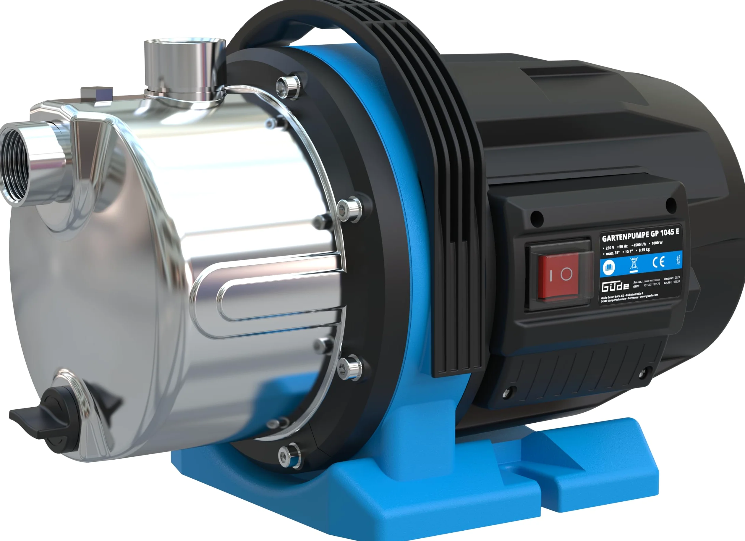 Güde Pompe de jardin GP 1045 E (1000 W, débit : 4500 l/h, hauteur de refoulement max. : 45 m, hauteur d'aspiration max. : 8 m, boîtier de pompe en acier inoxydable, roue norylle, disjoncteur thermique