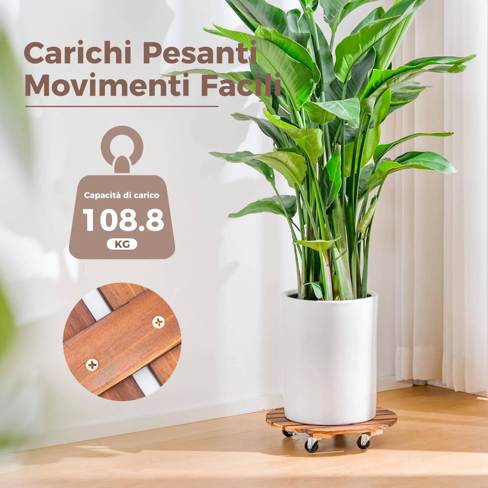 Bamworld Lot de 2 paniers à plantes en bois 35,6 cm avec roulettes – Chariot robuste 108,9 kg roues verrouillables 360°