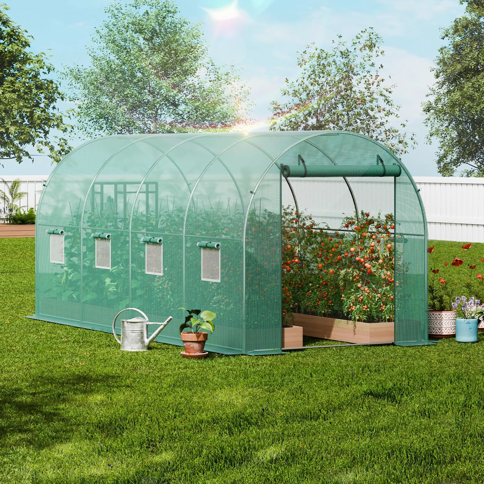VEVOR Serre Tunnel Jardin, 445x194x192 cm, Tente Abri Plantes avec Cadre en Acier Galvanisé, Couverture en PE Verte, Porte à Glissière Enroulable, 8 Fenêtres, pour Extérieur Cultiver Légumes Fleurs