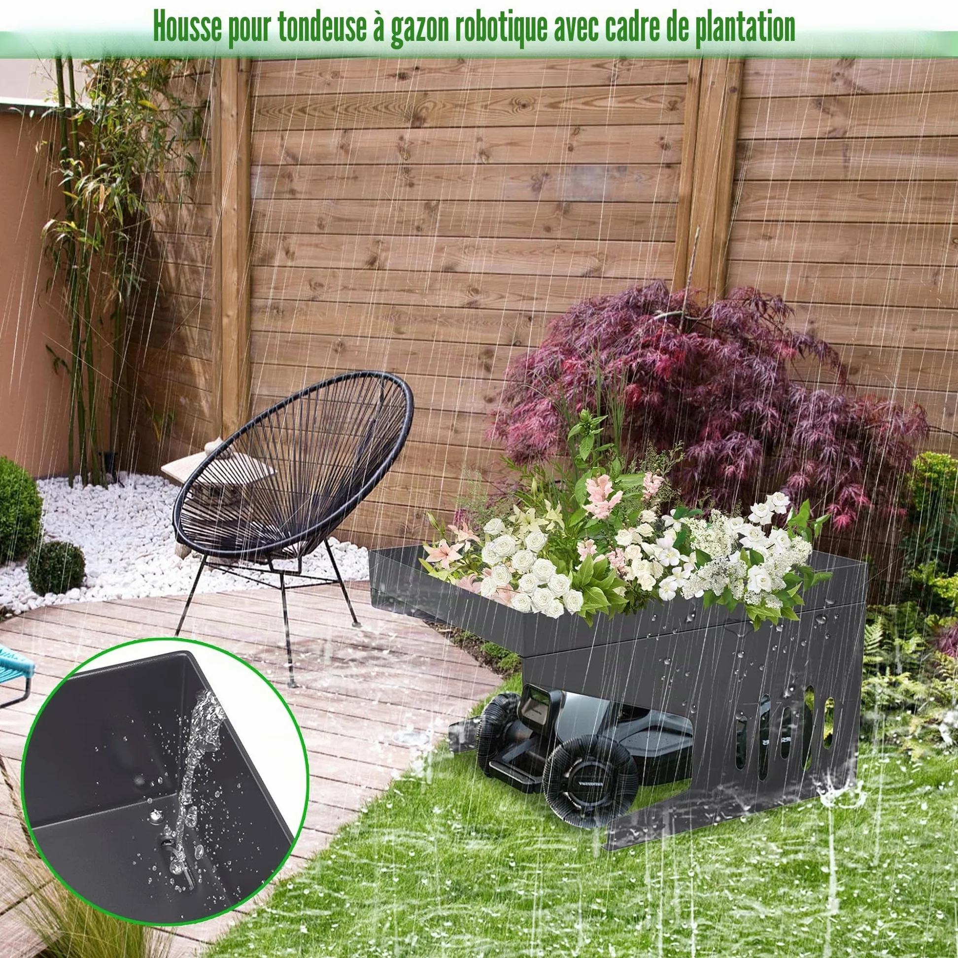 Toit de garage pour tondeuse robot - 70 x 60 x 43 cm - En métal - Protection contre la pluie et le soleil - Avec bac à plantes - Résistant aux intempéries - Pour la plupart des robots à gazon