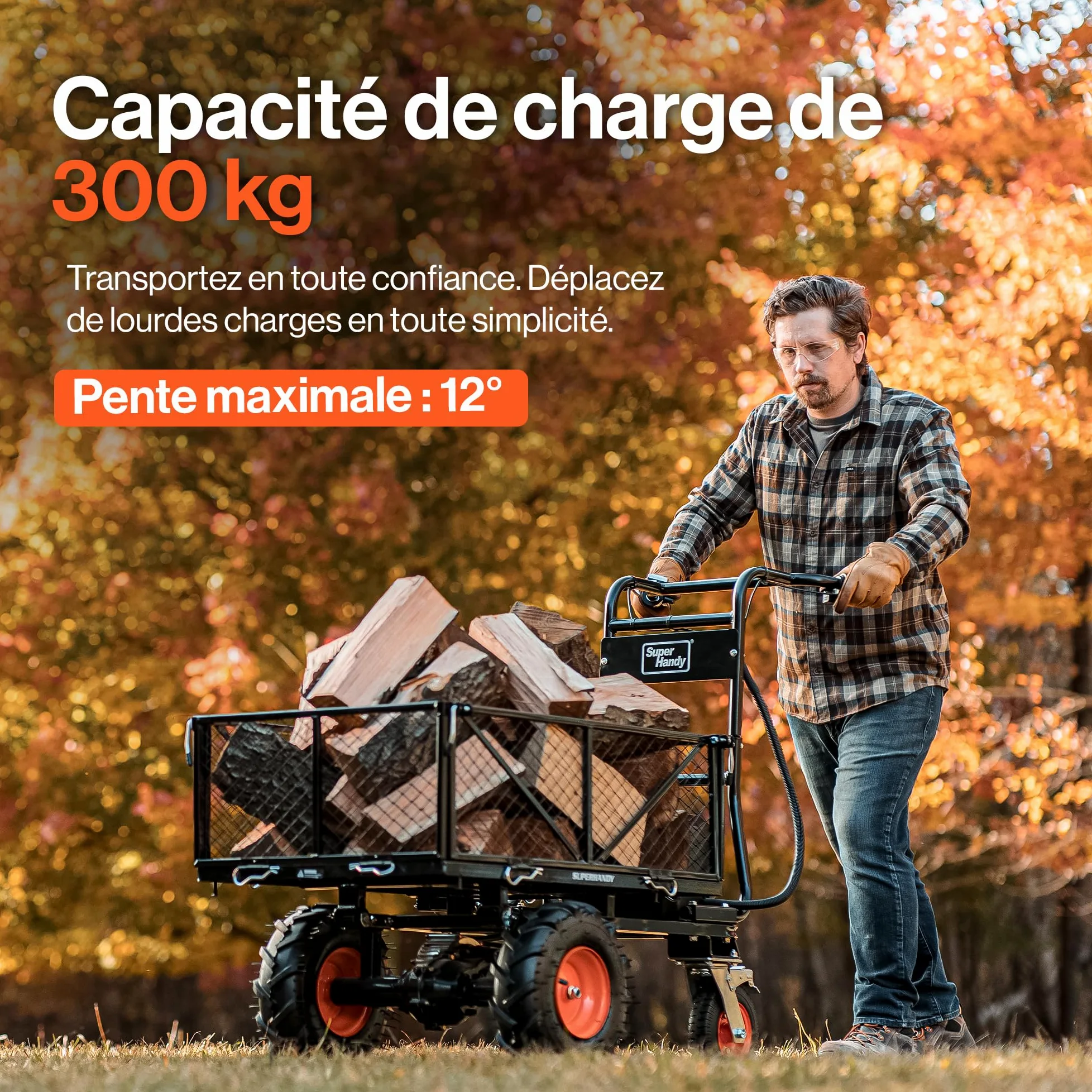 SuperHandy Chariot Utilitaire électrique, 48 V Li-ION, Charge 300 kg | Traction max. 460 kg; 2 batteries Li-ion amovibles incluses, idéal pour ferme, jardin et travaux de manutention