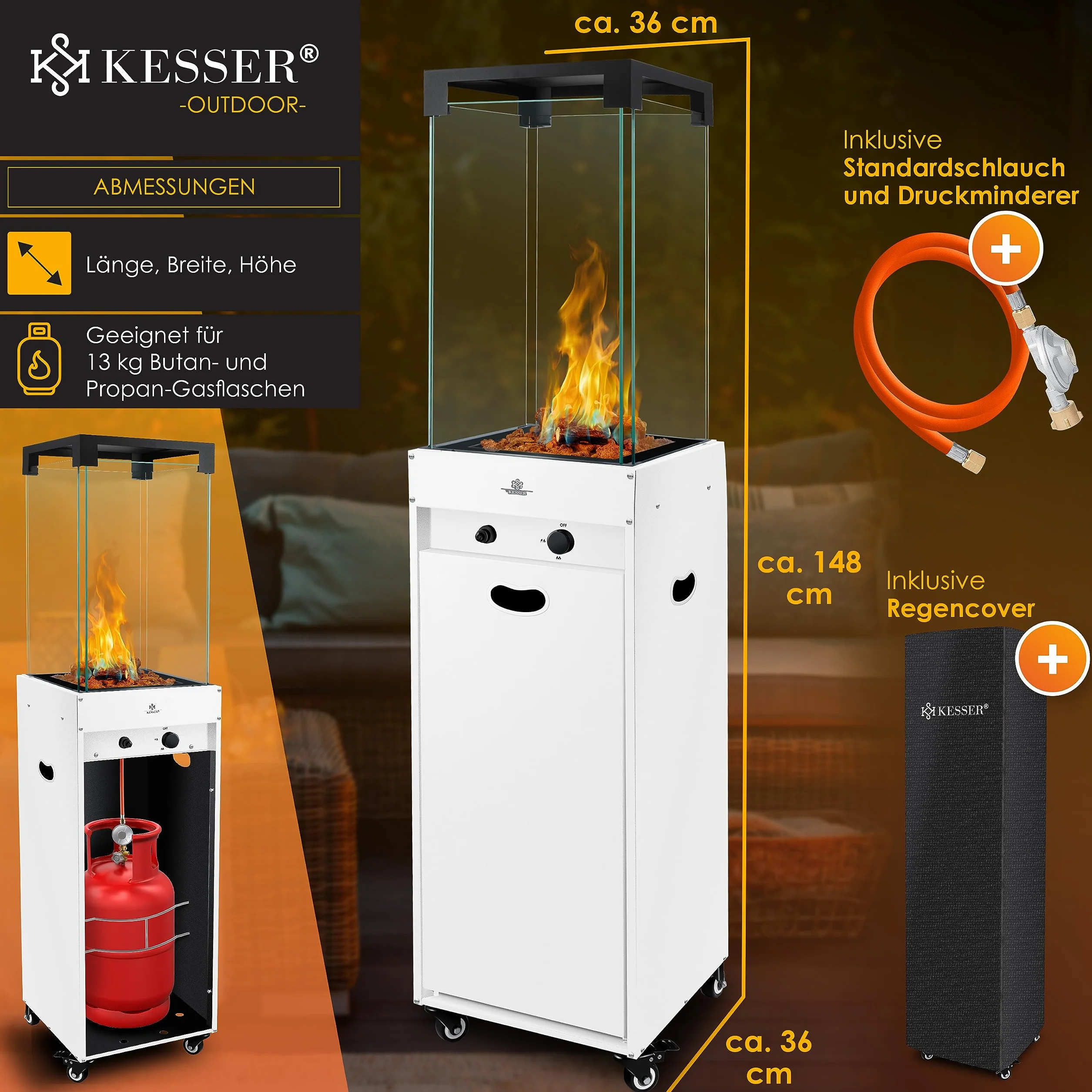 KESSER Chauffage Radiant à Gaz Terrasse avec Housse Protection, Roulettes, Blanc