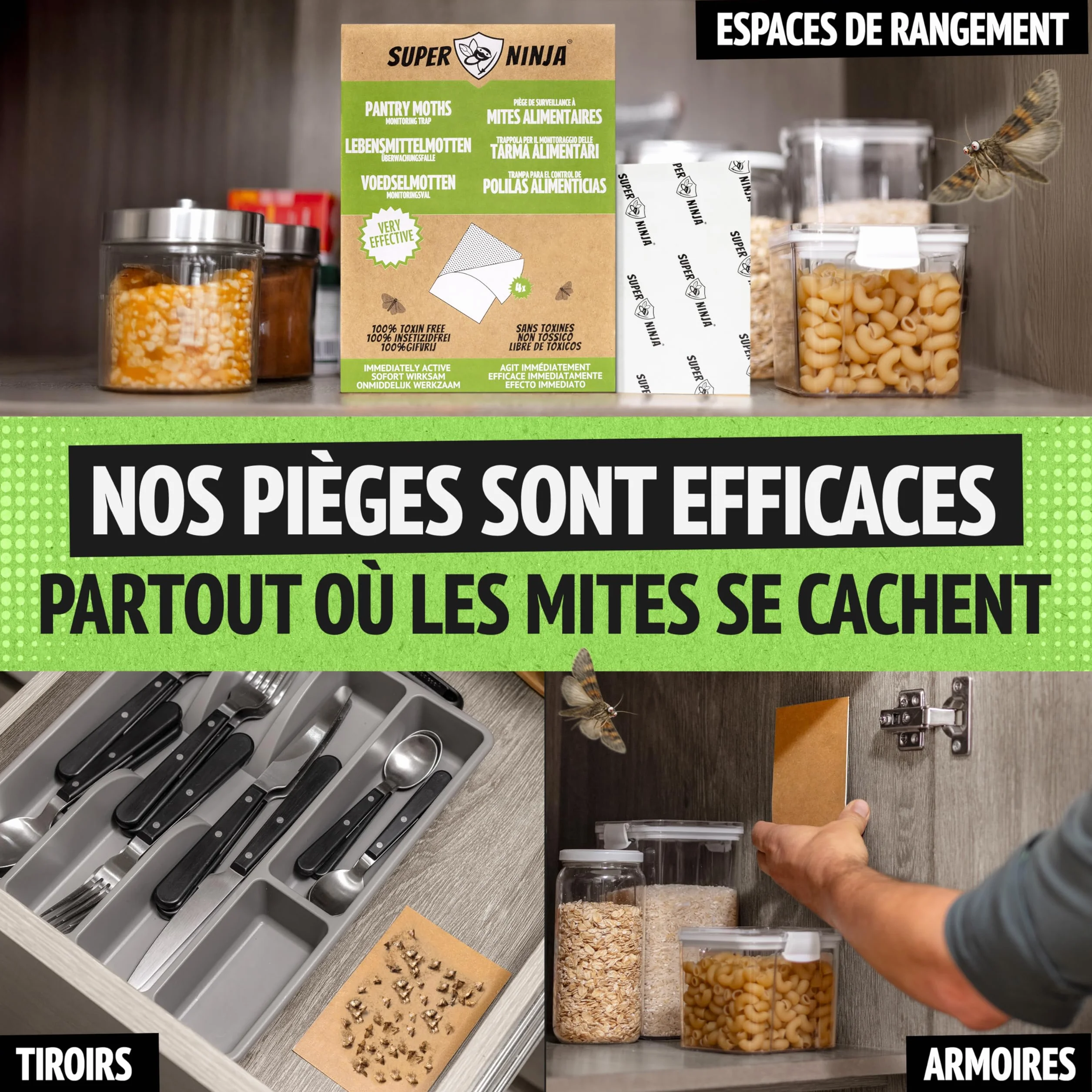 Super Ninja Anti Mites Alimentaires Pack de 4 Pièges avec Phéromone Attractif Cuisine Placards Protection 3 Mois