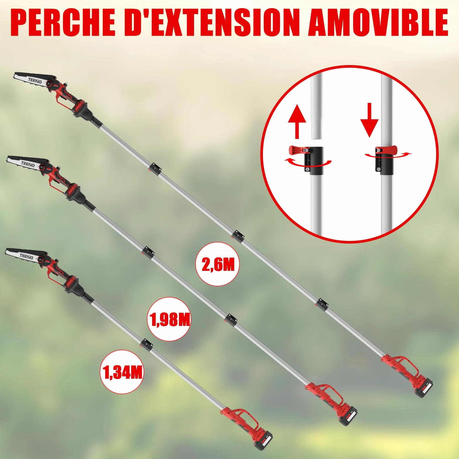 TEENO Tronçonneuse électrique 2-en-1丨Avec rallonge télescopique détachable | Guide-chaîne 2*6 pouces丨2 batteries 4 Ah丨2 chaînes丨Angle réglable à 180°丨Idéale pour le jardinage et l'élagage