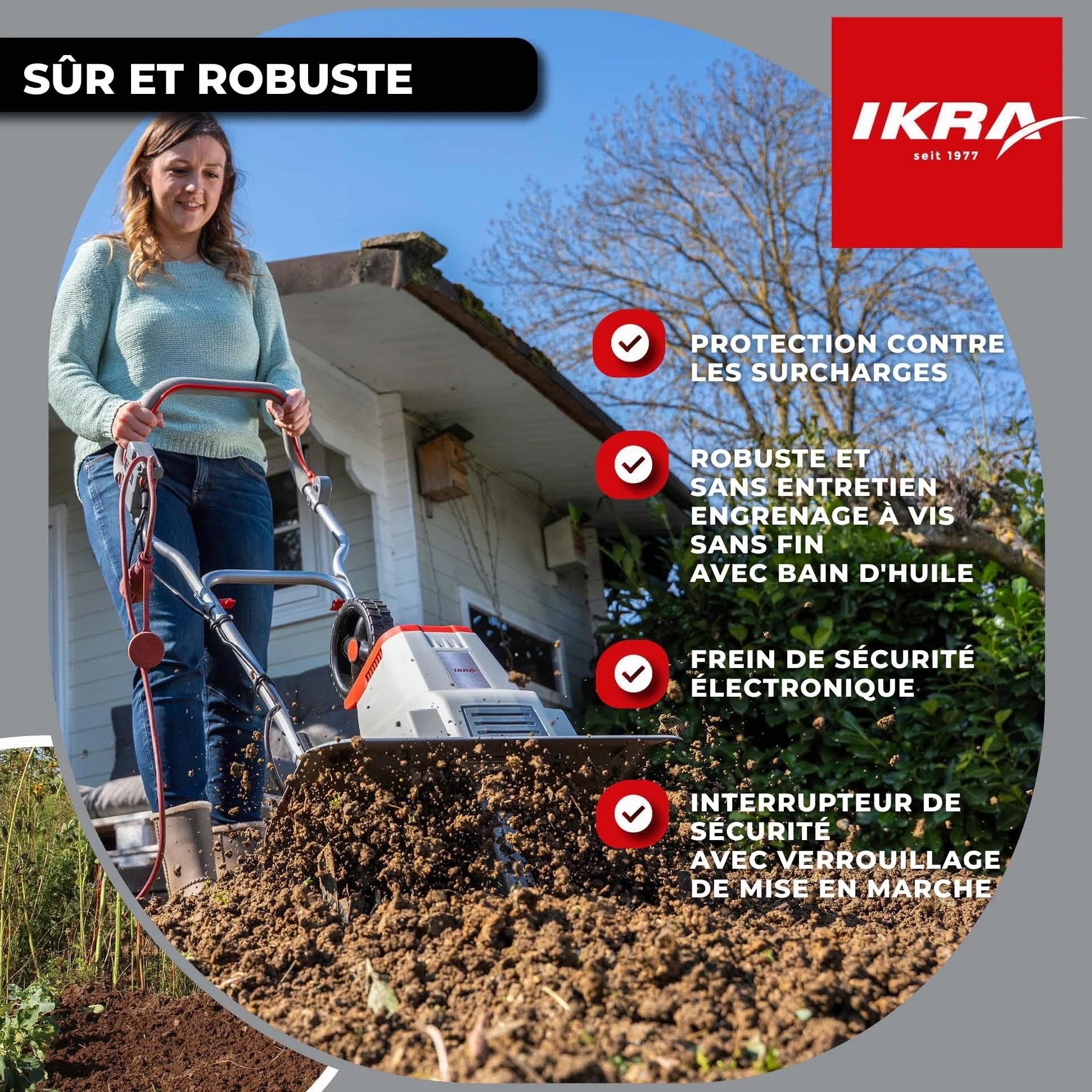IKRA motoculteur électrique IEM 1500, Largeur réglable 32 et 45 cm | 1500 W, profondeur de travail 20 cm, talon de frein, roue de transport, pliable, protection contre les surcharges