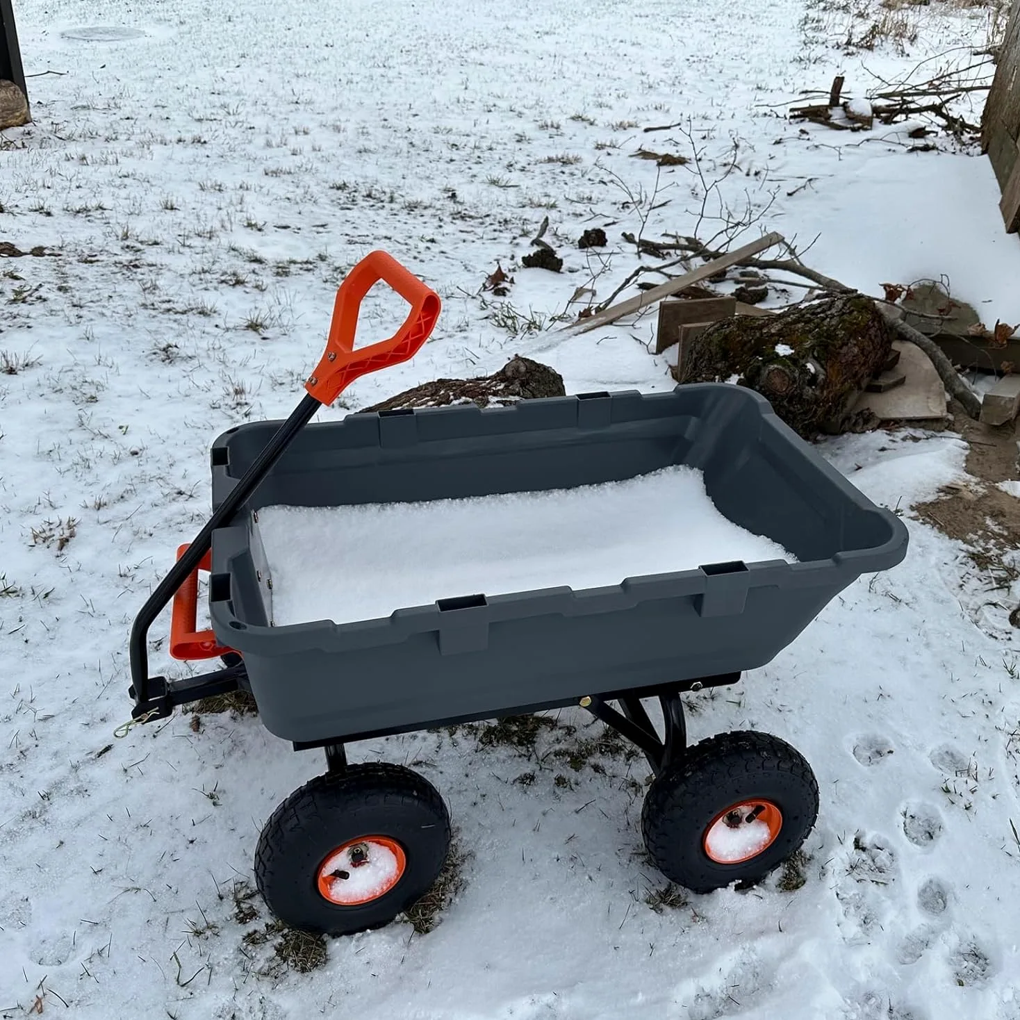 Brouette de jardin de 800 lbs avec fonction basculante, 4 roues avec pneus pneumatiques de 10", bac en polypropylène, poignée réglable en hauteur, inclinable, pour jardin, cour, transport, bois, terre