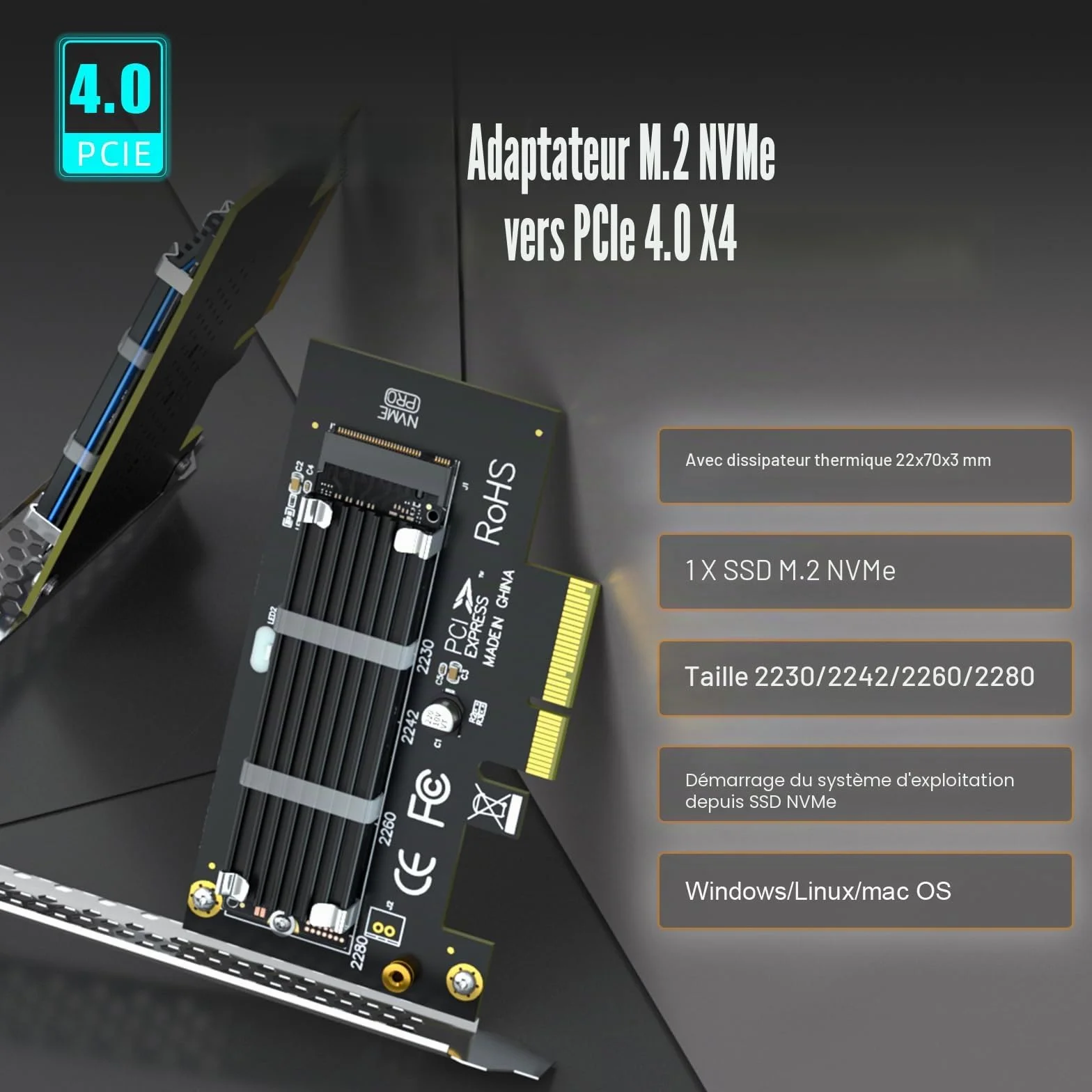 GLOTRENDS PA09-HS Adaptateur M.2 NVMe vers PCIe 4.0 X4 avec dissipateur Thermique pour SSD 2280/2260/2242/2230