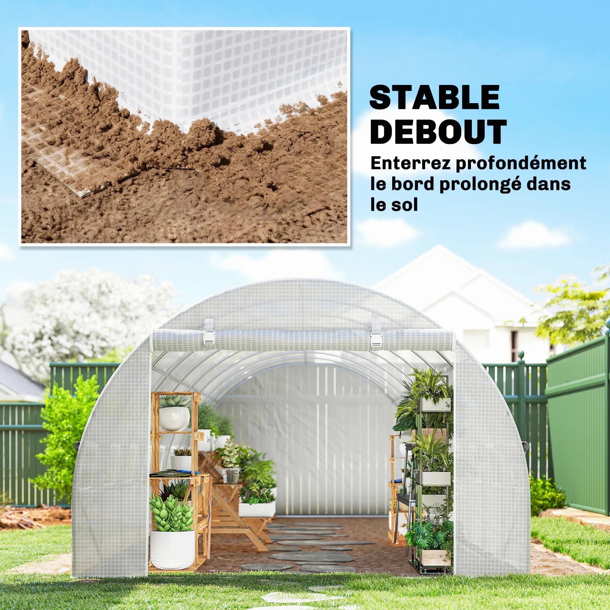 Outsunny Serre de Jardin Tunnel 24m² 8L x 3l x 2H m - 16 Fenêtres Blanc | Porte Zippée Enroulable, Châssis Tubulaire Acier Galvanisé, Bâche PE Haute Densité