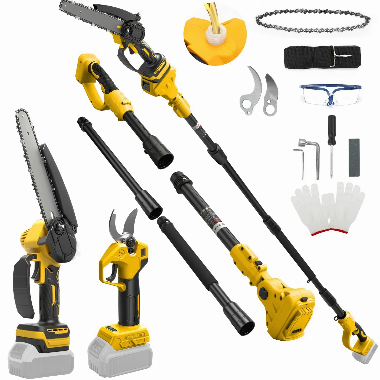 Mini Tronconneuse avec Perche 8 Pouces & Secateur Electrique 28 mm | Telescopique, pour Dewalt 18 V, 20 V batterie, 4 en 1 Élagueuse sur Perche, Portée Maximale 4,5 m