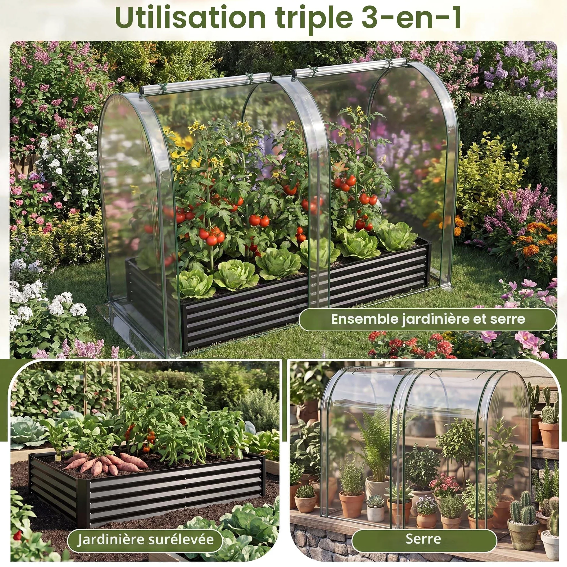 HOMASIS Serre 2 en 1 avec Plate-Bande Surélevée, Protection hivernale, Serre Froide en Métal et Film PVC avec 2 Fenêtres, pour Jardin et Balcon (198 x 100 x 145 CM,Argent)