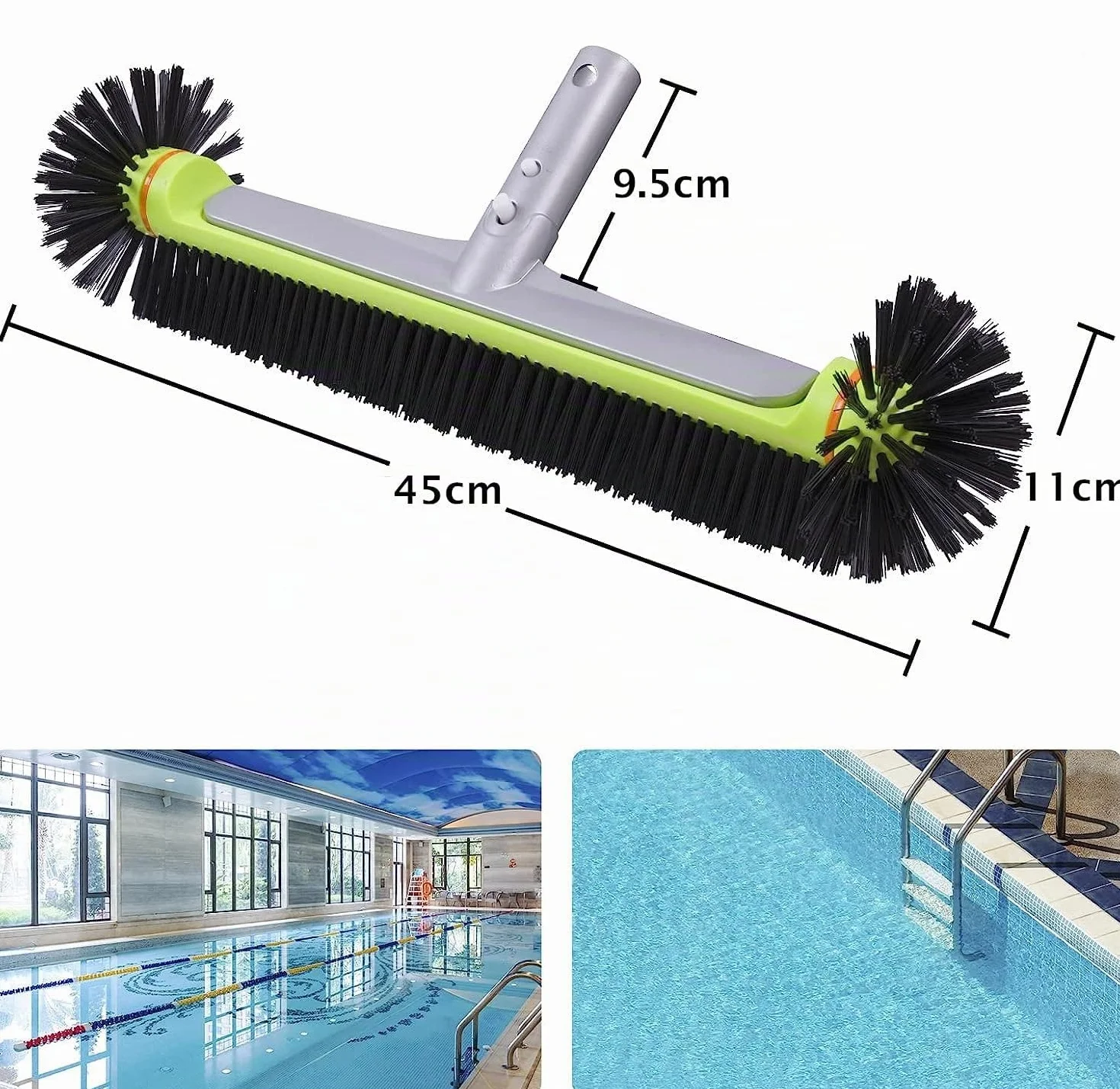 Brosse de piscine ronde robuste avec dos en aluminium renforcé et poils solides