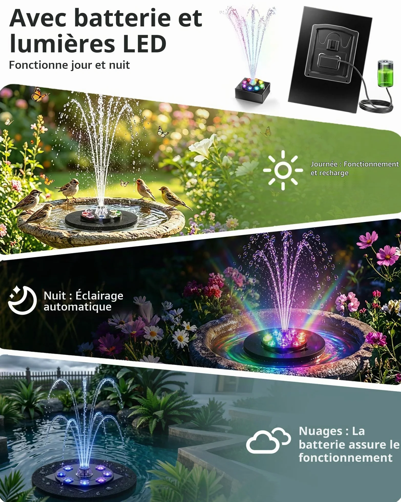 Pompe de bassin solaire 8W avec batterie 1800mAh – Fontaine solaire pour l’extérieur, idéale pour bain d’oiseau, petit bassin et jeu d’eau – 10 styles de jet et 8 LED colorées