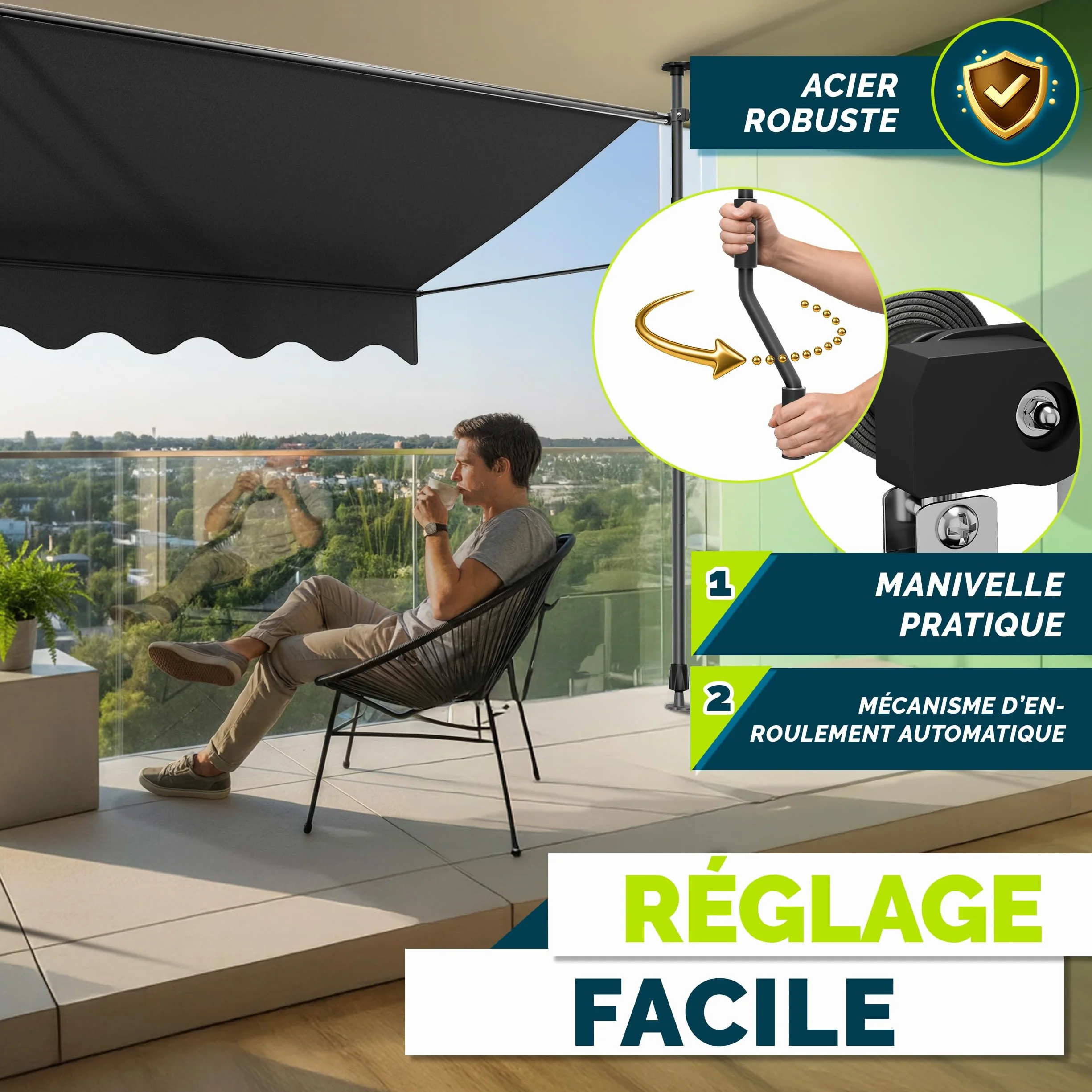 Markiza rétractable avec manivelle pour balcon terrasse sans percement auvent télescopique Anthracite 150cm