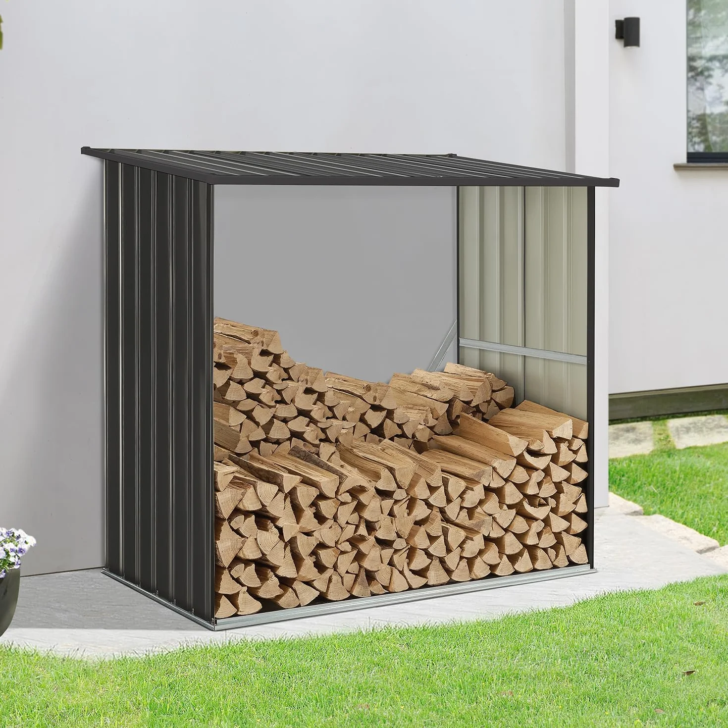 Juskys Abri à bois Enno extérieur étagère acier rangement métal anthracite
