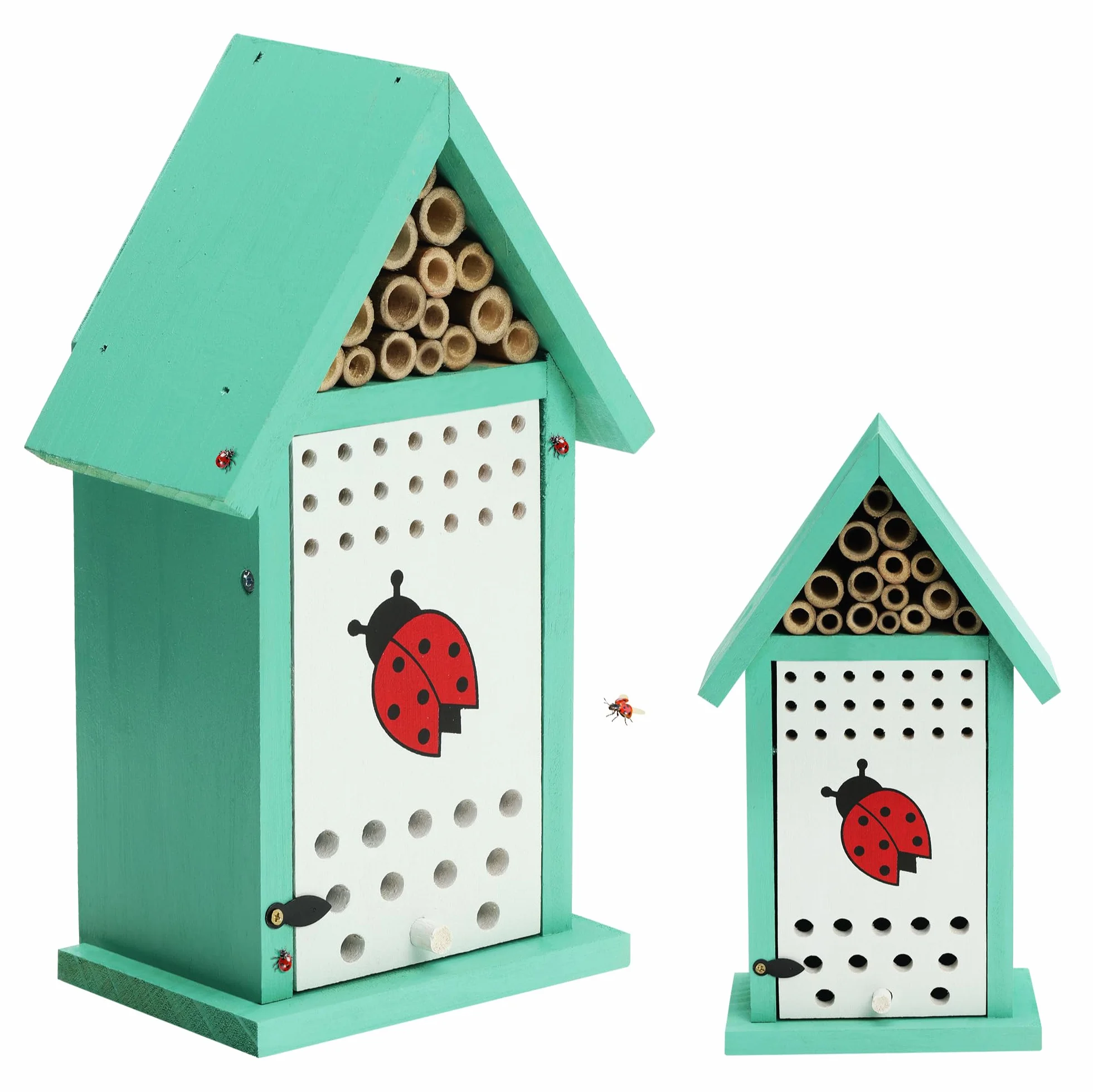 Navaris Hôtel à coccinelles en Bois de pin 14,5 x 9 x 24,5 cm avec Toit et Tube en Bambou