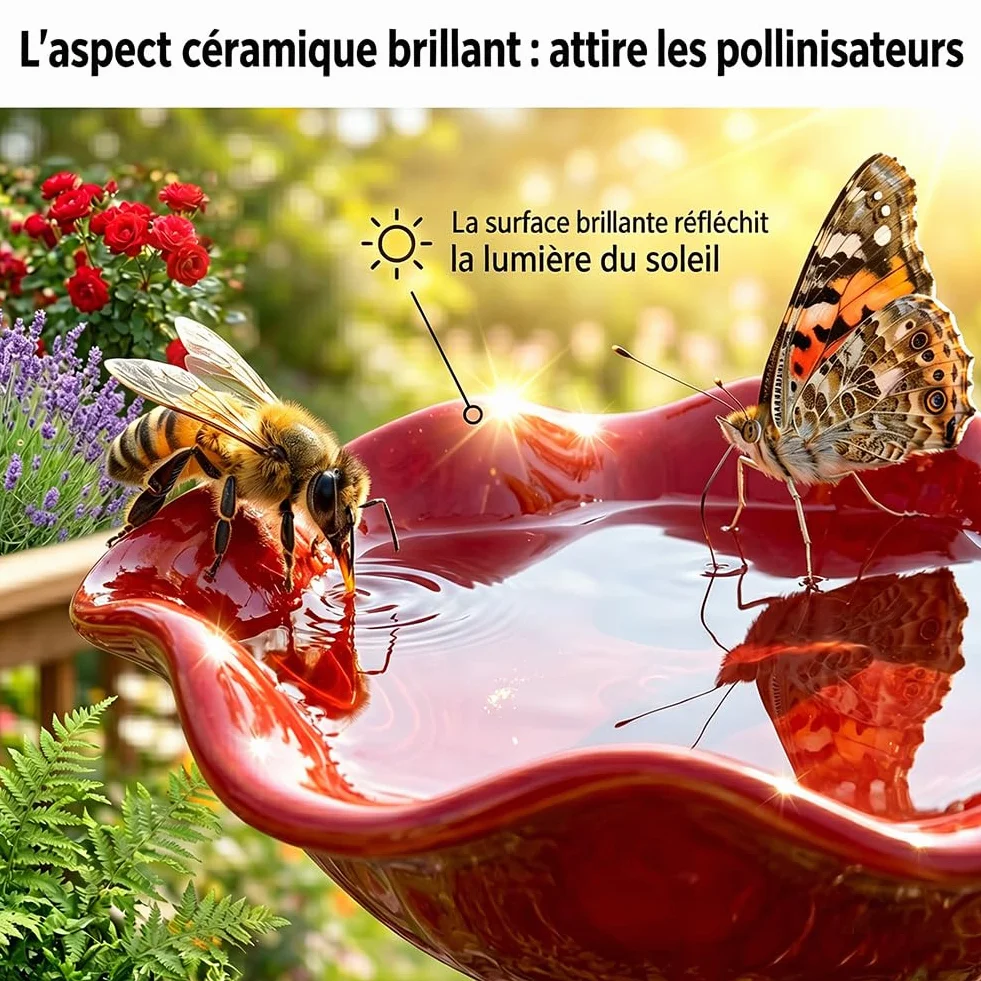 Bain d'Oiseaux Exterieur sur Pied Artisanal Fleur Ceramique 2 en 1 Abreuvoir Abeilles Mangeoire Oiseaux Jardin Rose