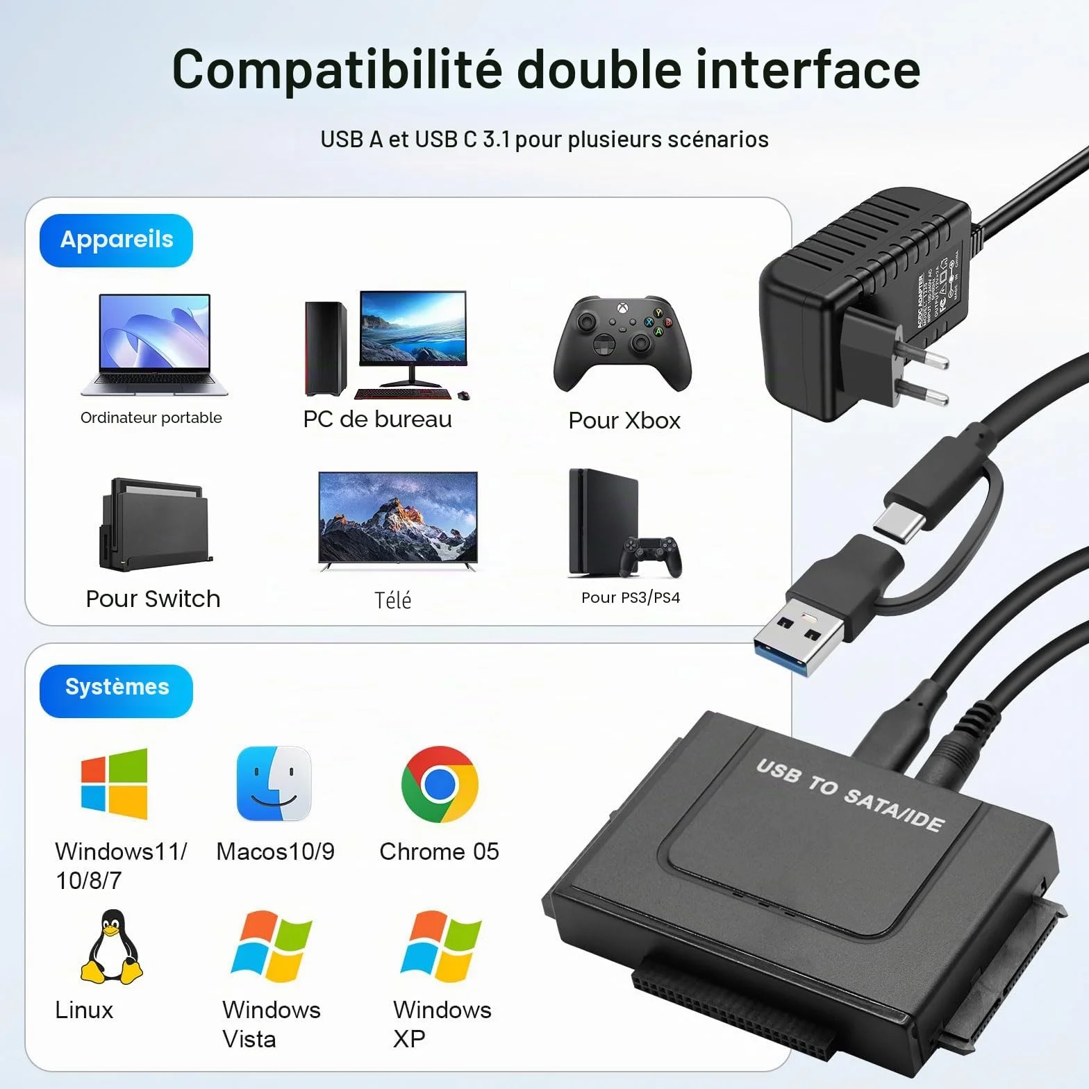 Adaptateur Disque dur USB 3.1 6Gbps pour 2.5" 3.5" HDD SSD SATA IDE Convertisseur avec Câble USB Alimentation 12V 2A