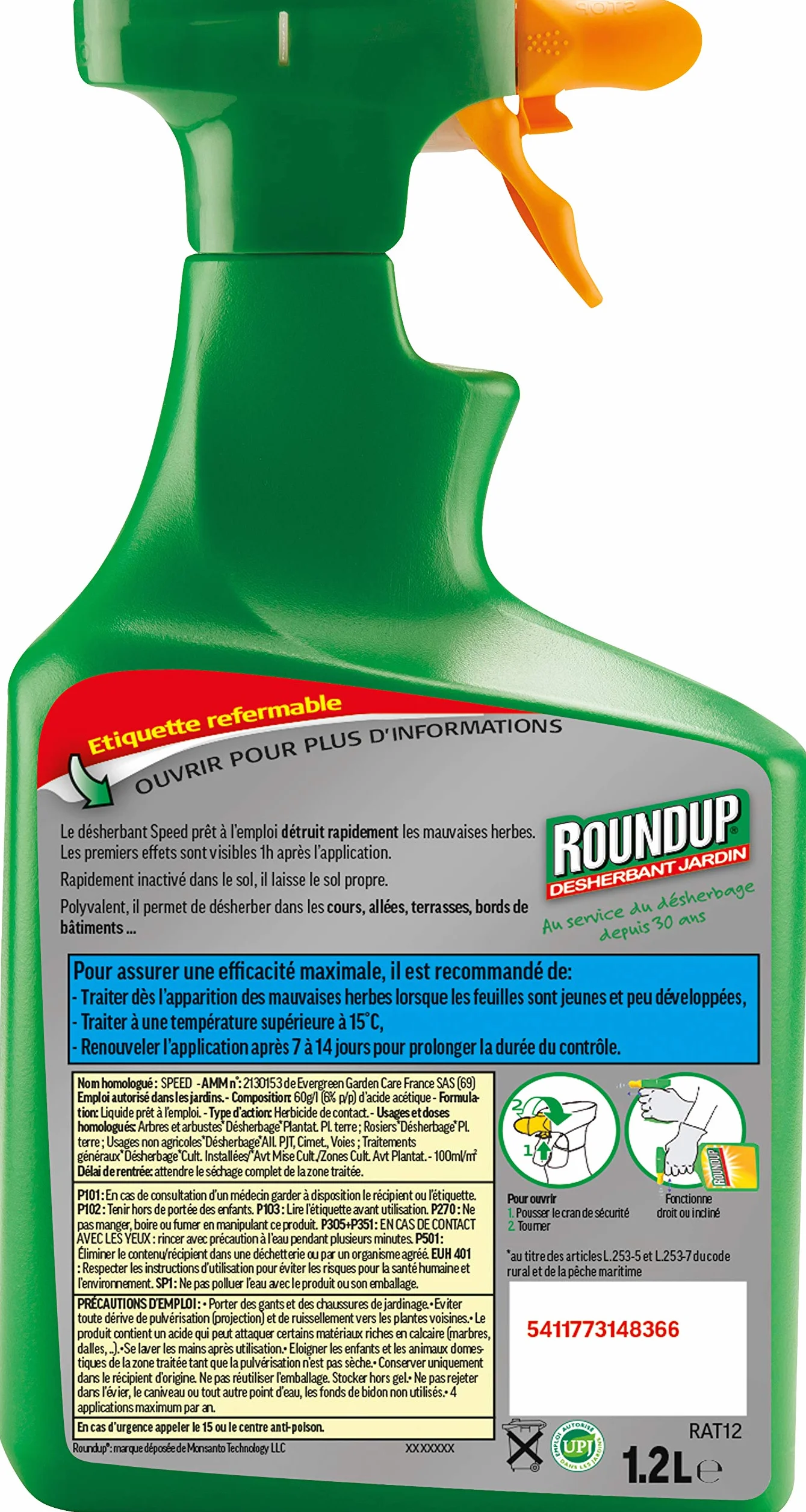 Roundup Désherbant Allées Cours Terrasses 1,2L