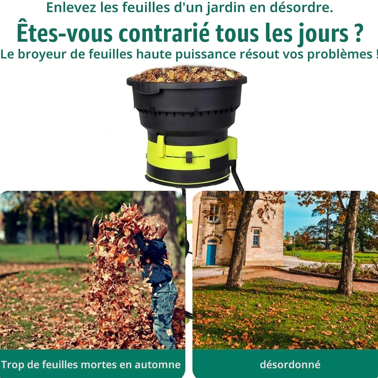 Qiang Broyeur De Feuilles électrique 2500w - Hachoir sans Lame Sécuritaire, 8000 TR/Min - Trémie Large 54cm - Ratio De Broyage 17:1 pour Compost - 208l/Min - Léger avec Roues noPowercord