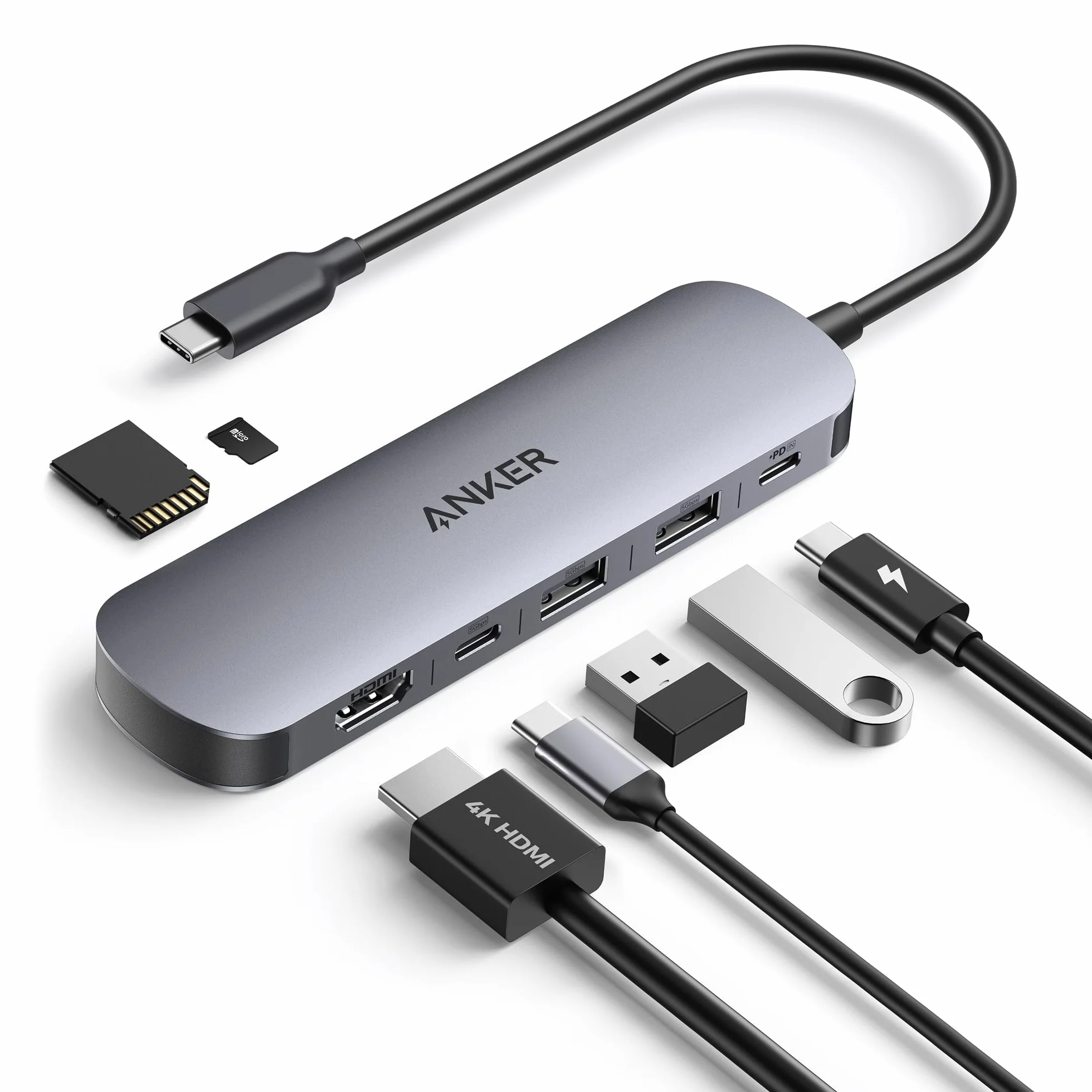 Anker Hub USB C Concentrateur 7 en 1, Répartiteur HDMI 4K 60 Hz, Power Delivery 100W, 3 Ports USB A et Type C 3.0, Carte SD/TF