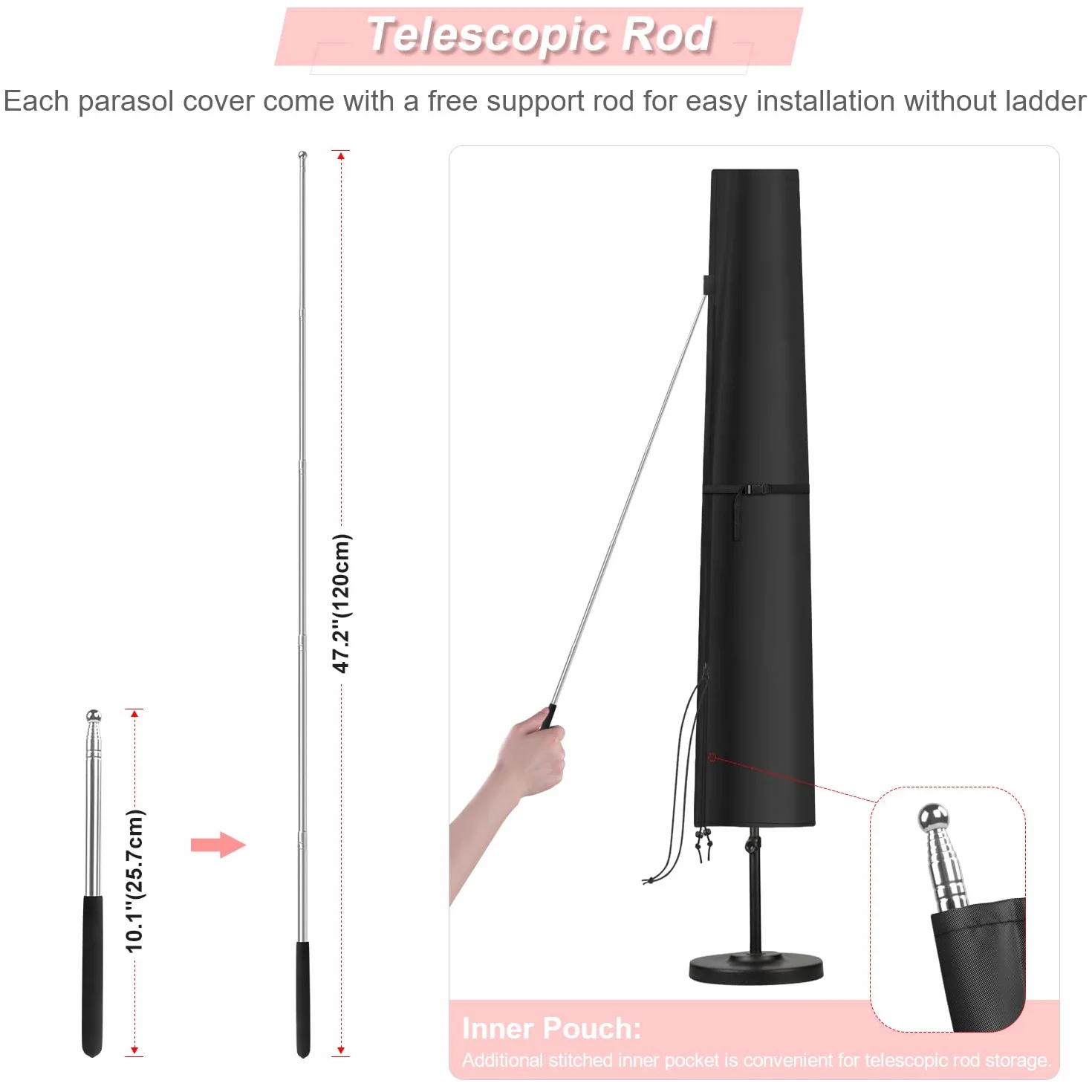 Housse de parasol de jardin imperméable 190x30/50cm anti-UV coupe-vent parasol 2-3 m