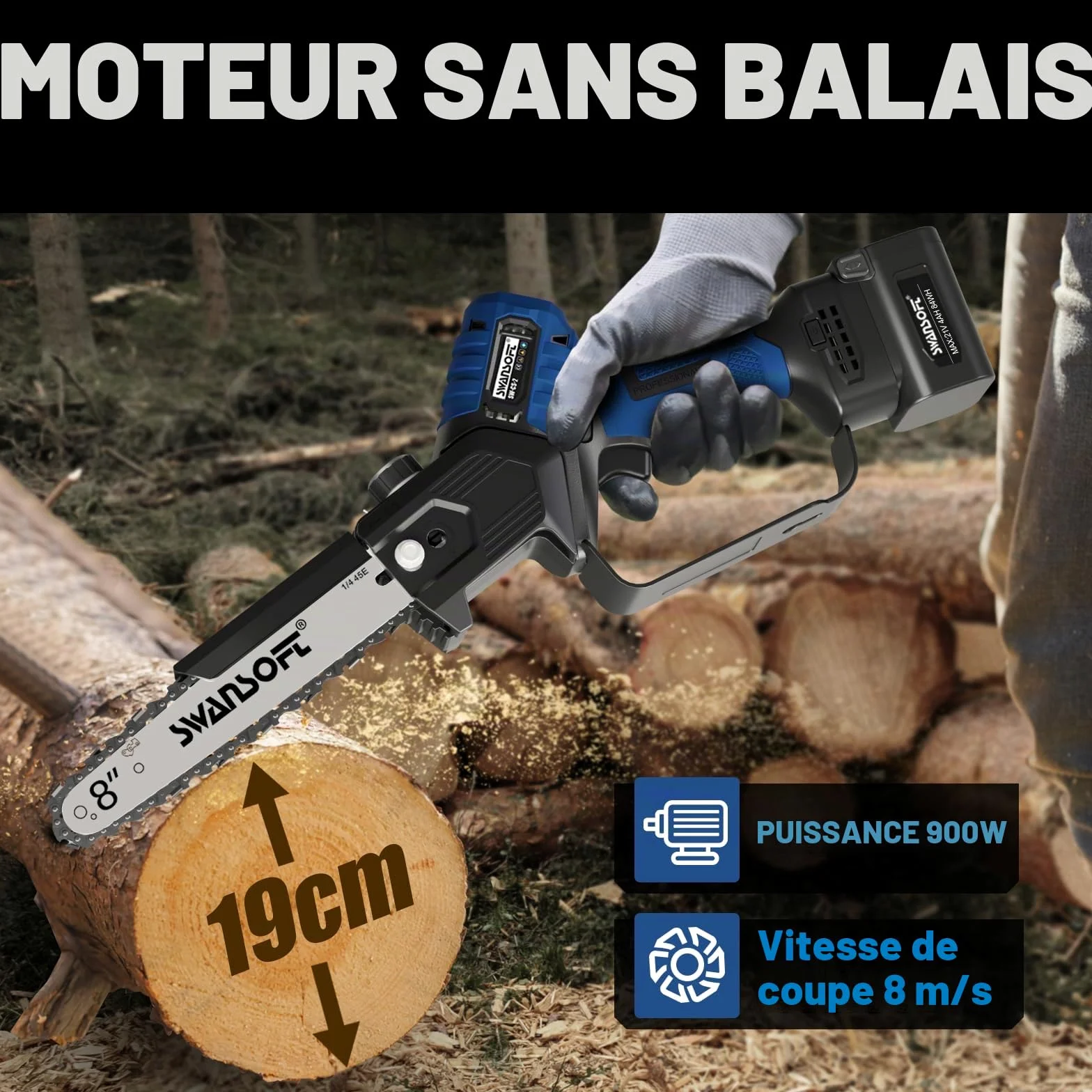 Tronçonneuse à batterie 8 pouces avec lubrification automatique, mini tronçonneuse à batterie professionnelle 600 W/2*4000 mAh/21 V, scie d'élagage électrique pour vergers, vignobles et coupe de bois