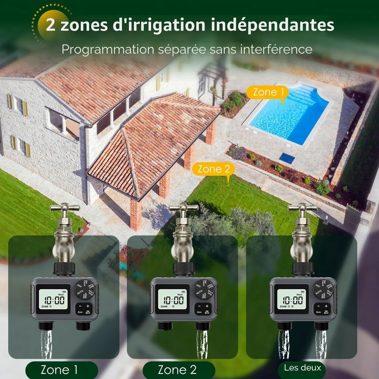 Ordinateur D'arrosage 2 Voies, Minuterie D'eau 2 Sorties avec Retard de Pluie/Mode Automatique et Manuel, IPX5 Étanche Programmateur Arrosage Connecté Minuterie D'irrigation pour Jardin Pelouse