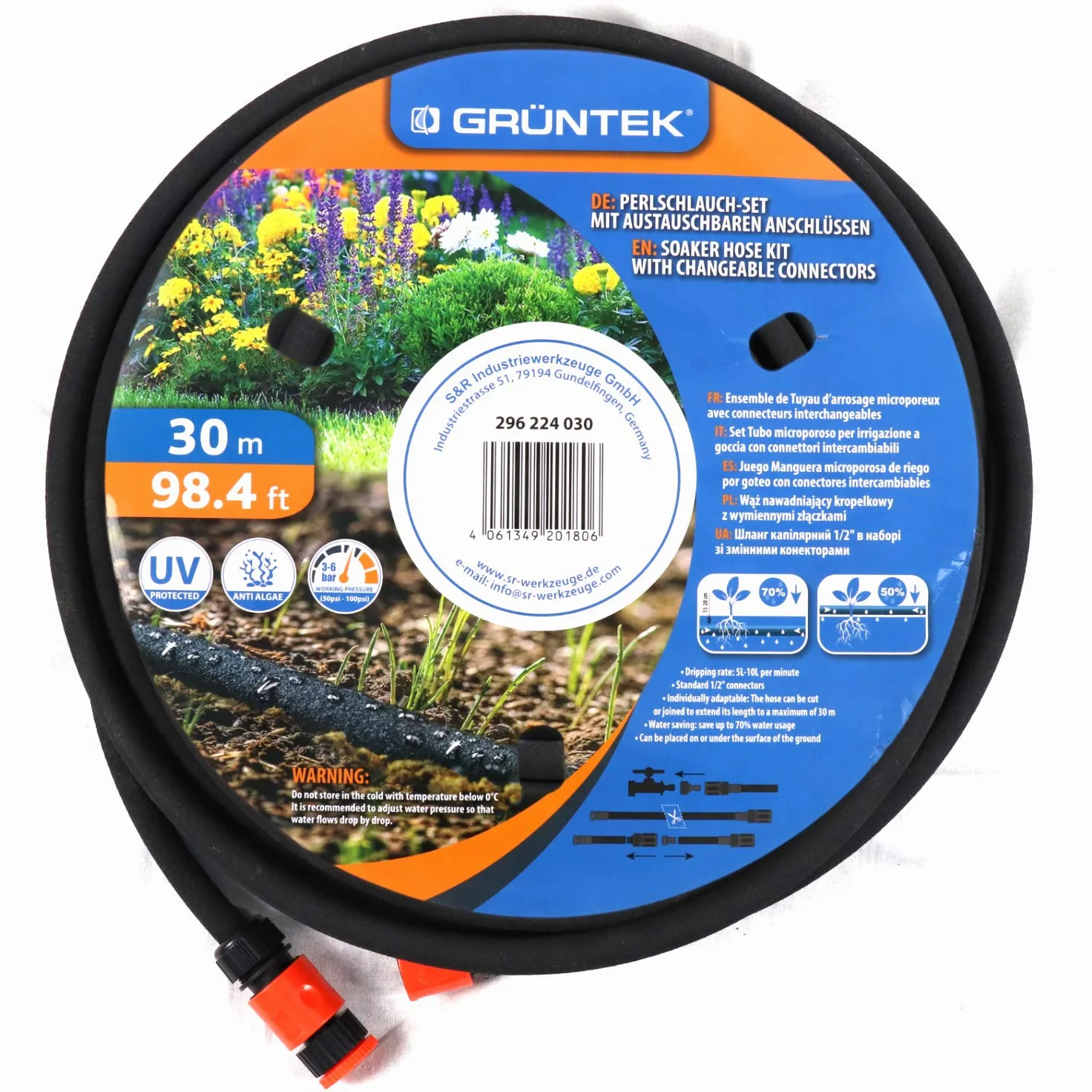 GRÜNTEK Tuyau Goutte à Goutte 30M. Tuyau Poreux Arrosage | Tuyau microporeux souterrain 30 M - Débit 5 à 10 L/min - Kit 3 raccords - Anti-algues - Résistant UV - Pression 3-6 bar