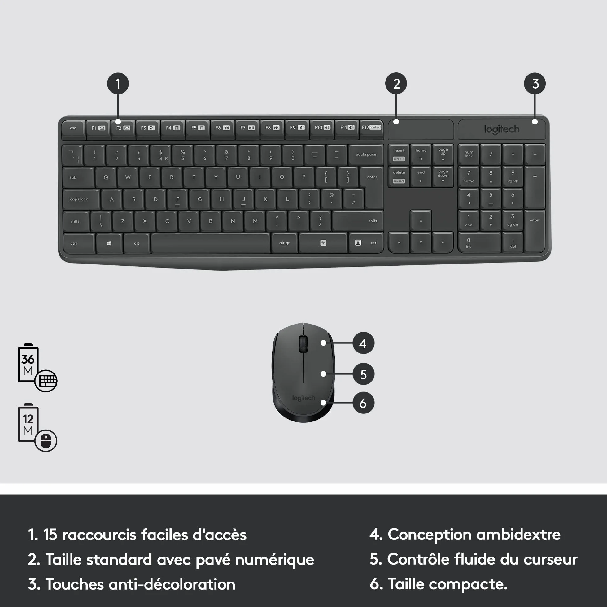 Logitech MK235 Combo Clavier Souris sans Fil 2,4 GHz Récepteur USB Unifying Gris foncé
