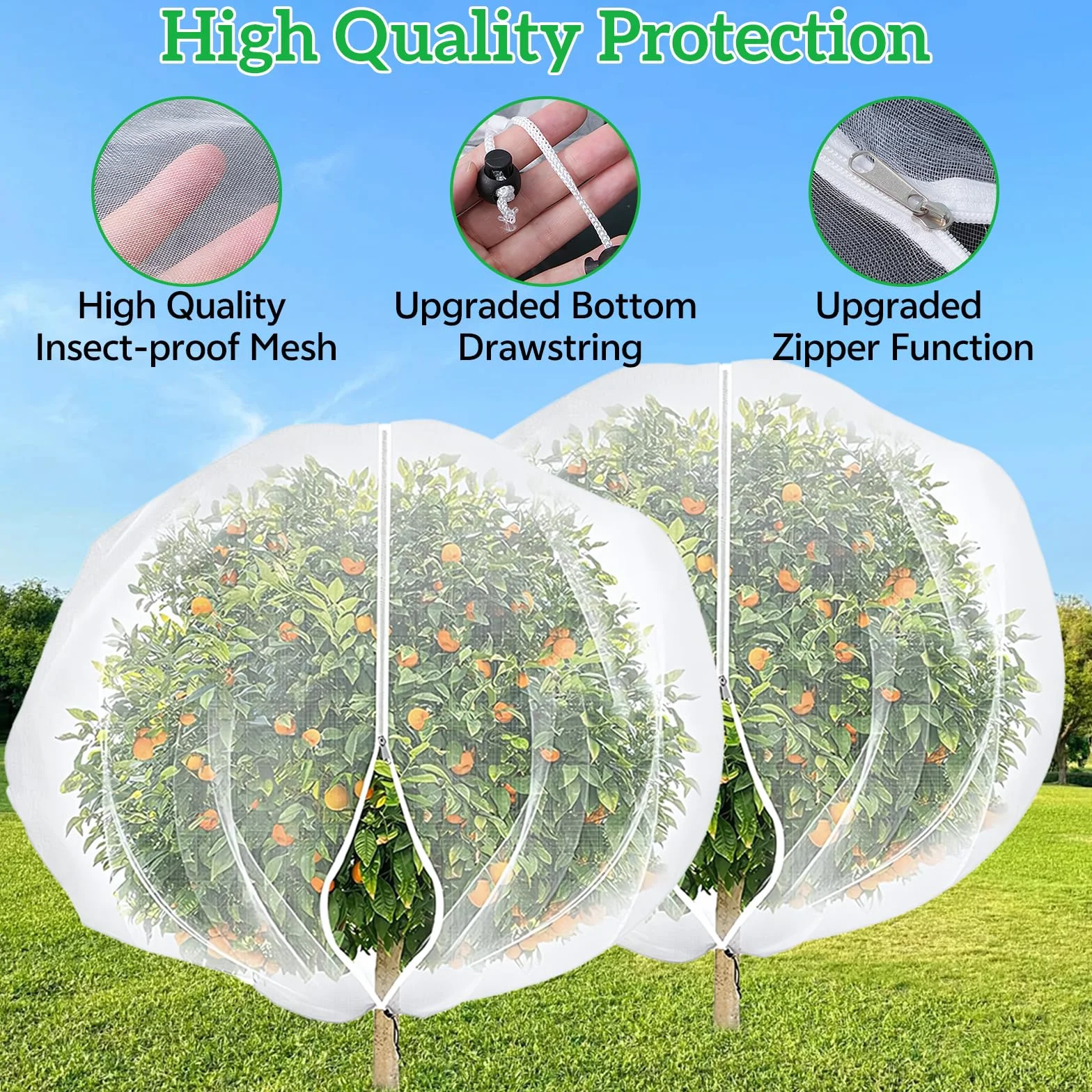 Filets Pour Arbres Fruitiers 2.4x2.4 m Lot de 2 Avec Fermeture Éclair Cordon de Serrage Réutilisable Jardin Vergers