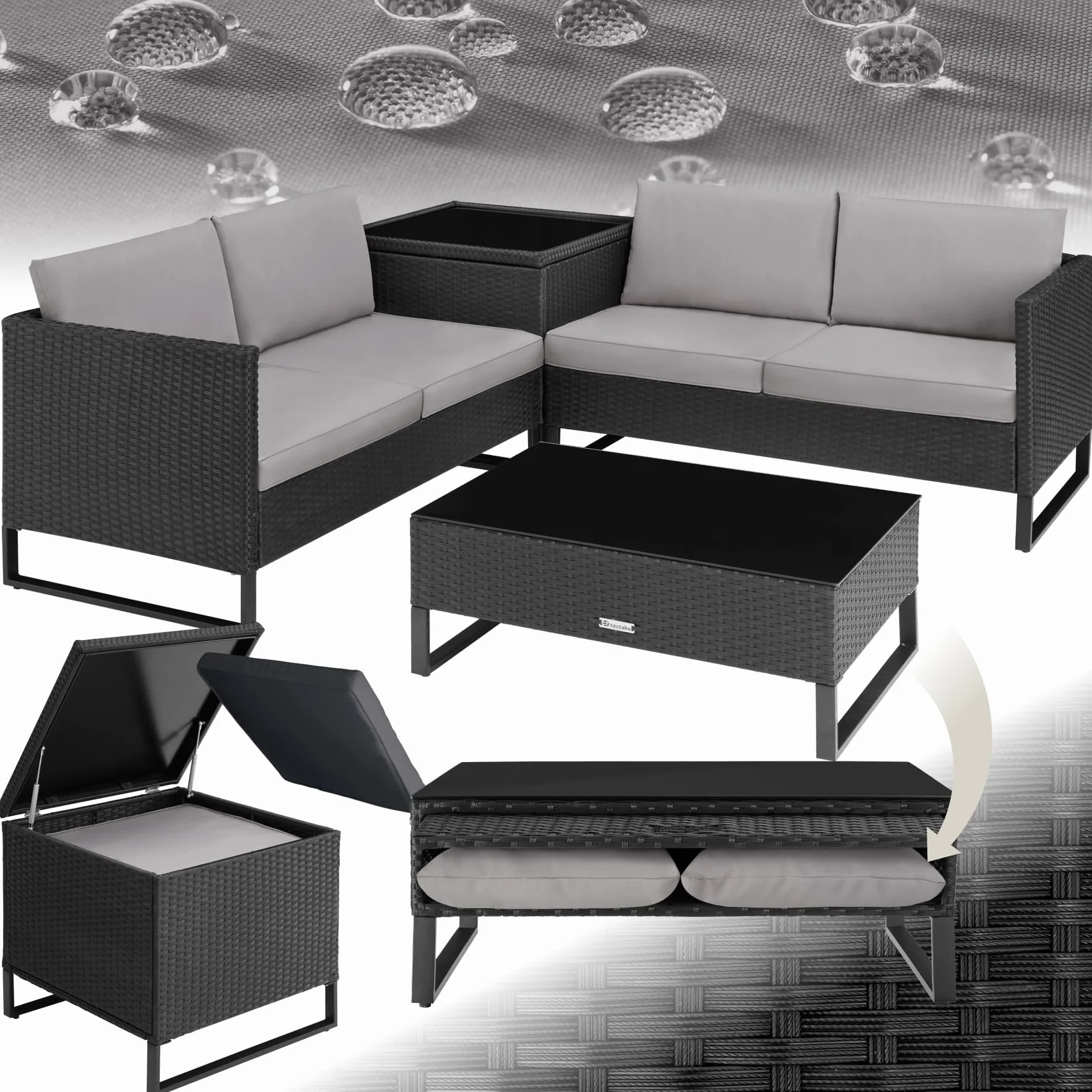 Tectake Ensemble Salon de Jardin Exterieur Modulable en Rotin, Canape 4 Places, Table Basse Verre, Coffre Rangement, Coussins Inclus