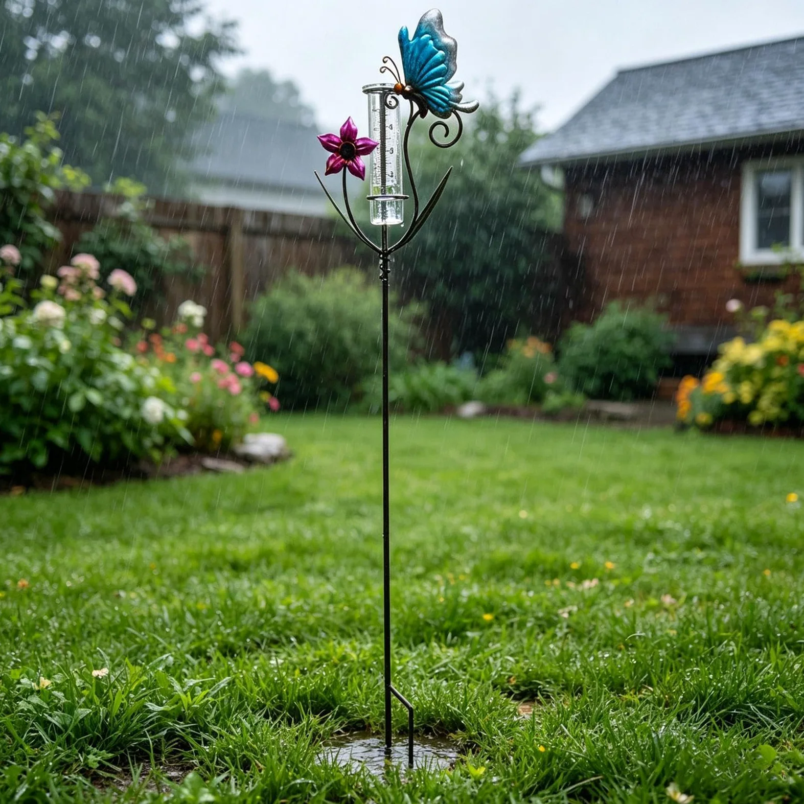 Pluviomètre | Objet Décoration Mesure Pluie Design Papillons et Fleurs | Jauge de Mesure de Pluie - Pour Jardin Pelouse Cour Terrasse Patio Clôture