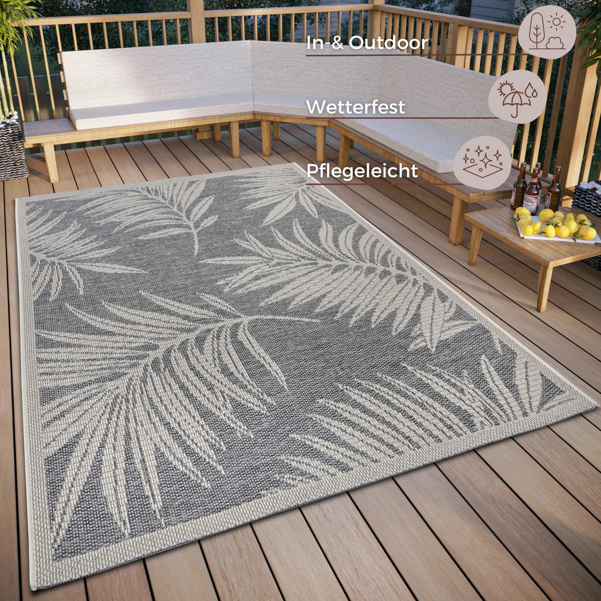 Hanse Home Paru Tapis d'extérieur résistant aux intempéries - Motif Palmiers Moderne - Design Floral - Imperméable et Robuste - Tissage Plat - pour Jardin, Balcon, terrasse, Salon - Gris crème, 155 x
