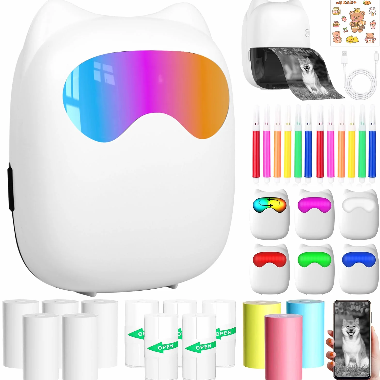 Mini Imprimante Portable Thermique sans Fil Bluetooth avec 14 Rouleaux de Papier pour iOS Android Notes Photos Journal