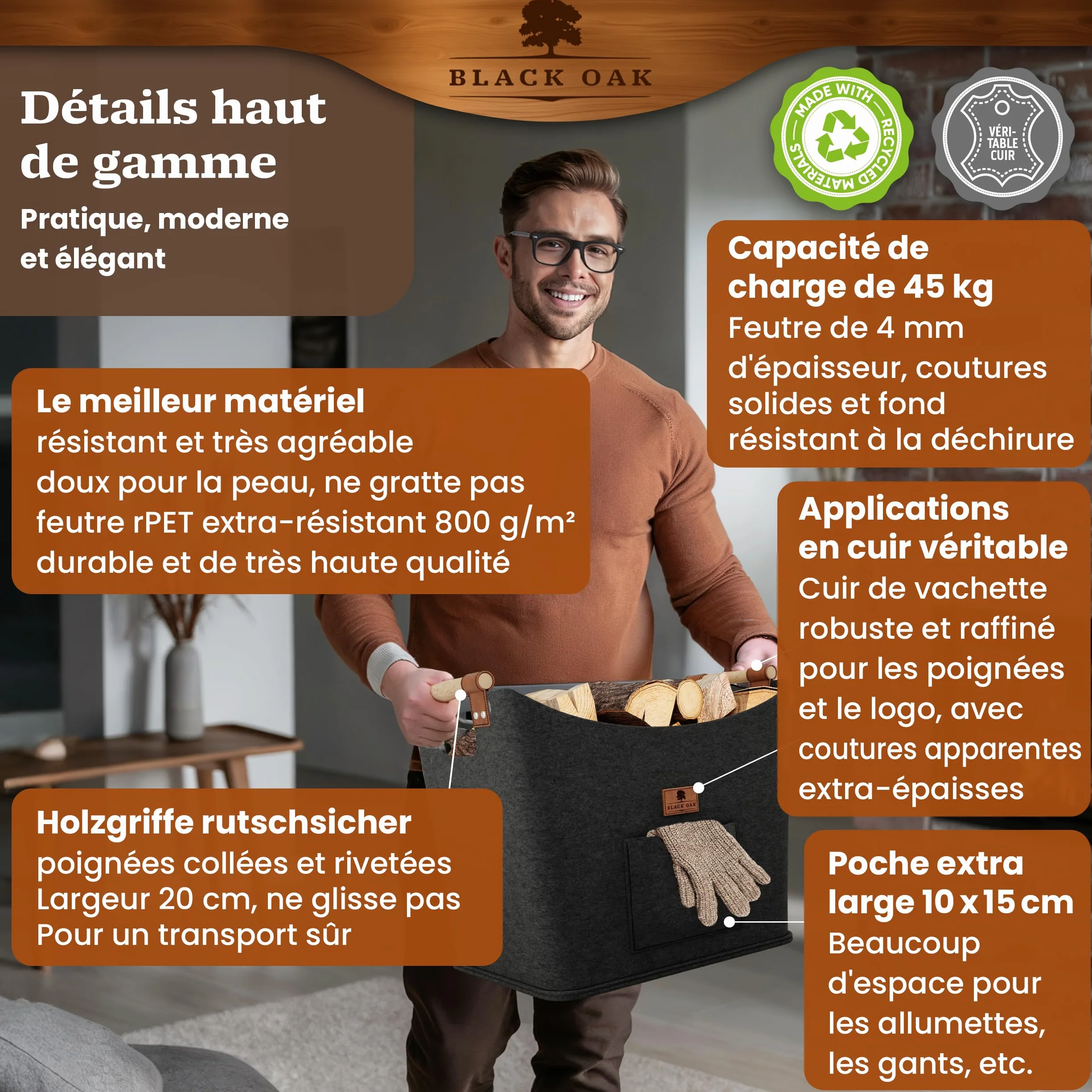 BLACK OAK Montana XL Panier en feutre et bois pour bois de chauffage, cuir véritable, poignées larges, poche avant extra grande, pliable