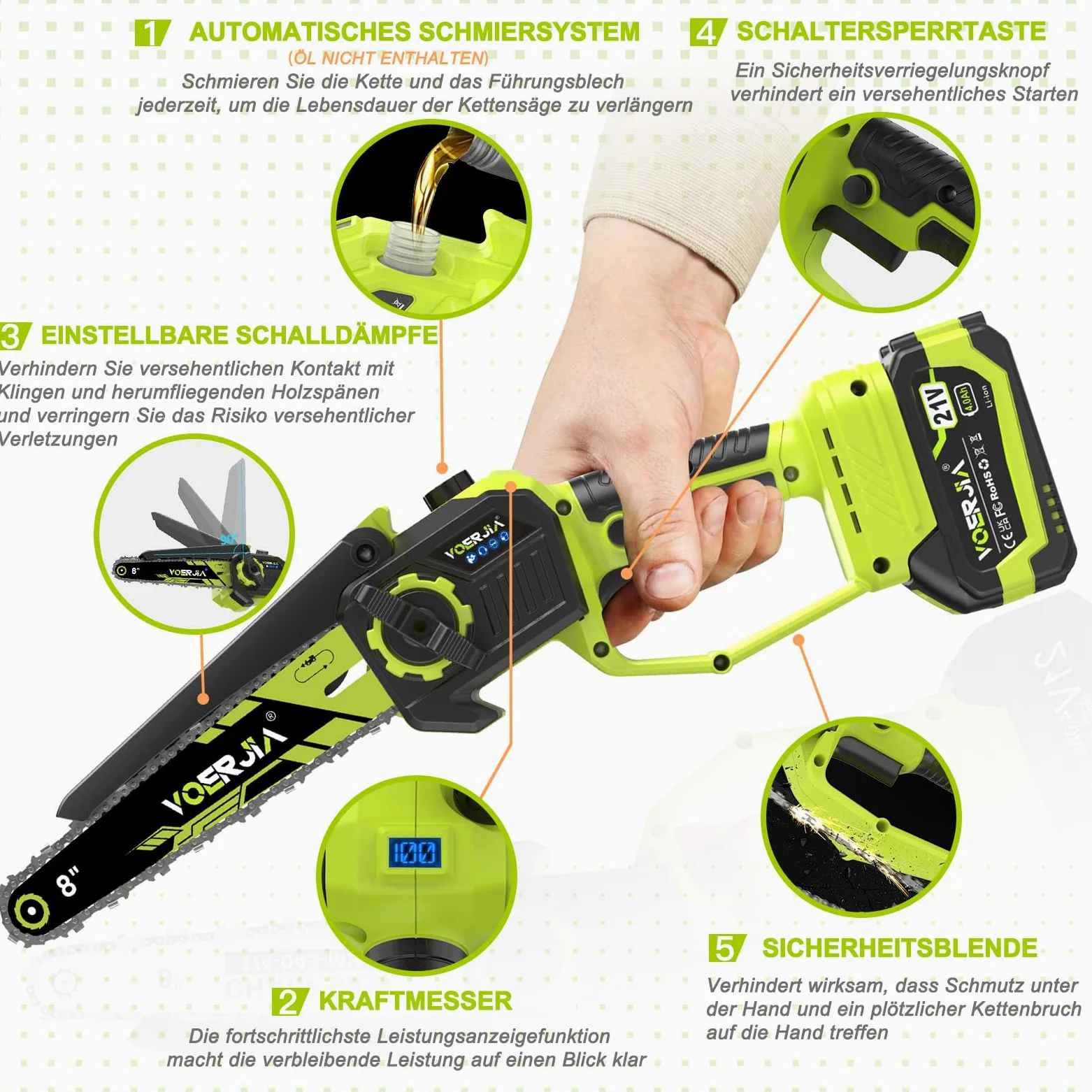 VOERJIA Mini Tronçonneuse à Batterie 21V avec Moteur Brushless et Lubrification Automatique, Élagueuse Électrique sans Fil 6 et 8 Pouces, 2 x 4.0Ah Batteries (LCD), pour Élagage, Jardinage