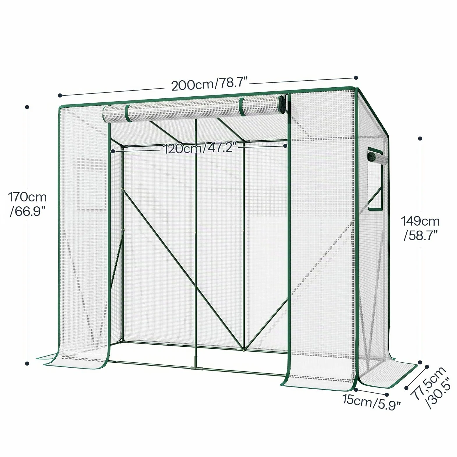 LARMNEE Serre de Jardin à Toit en Pente, Serre à Tomates Plastique, 200 x 77,5 x 170 cm, Abri Potager pour Plantes, avec Porte Enroulable, Anti-UV, pour Balcon, Jardin, Blanc EWT30GH02G3