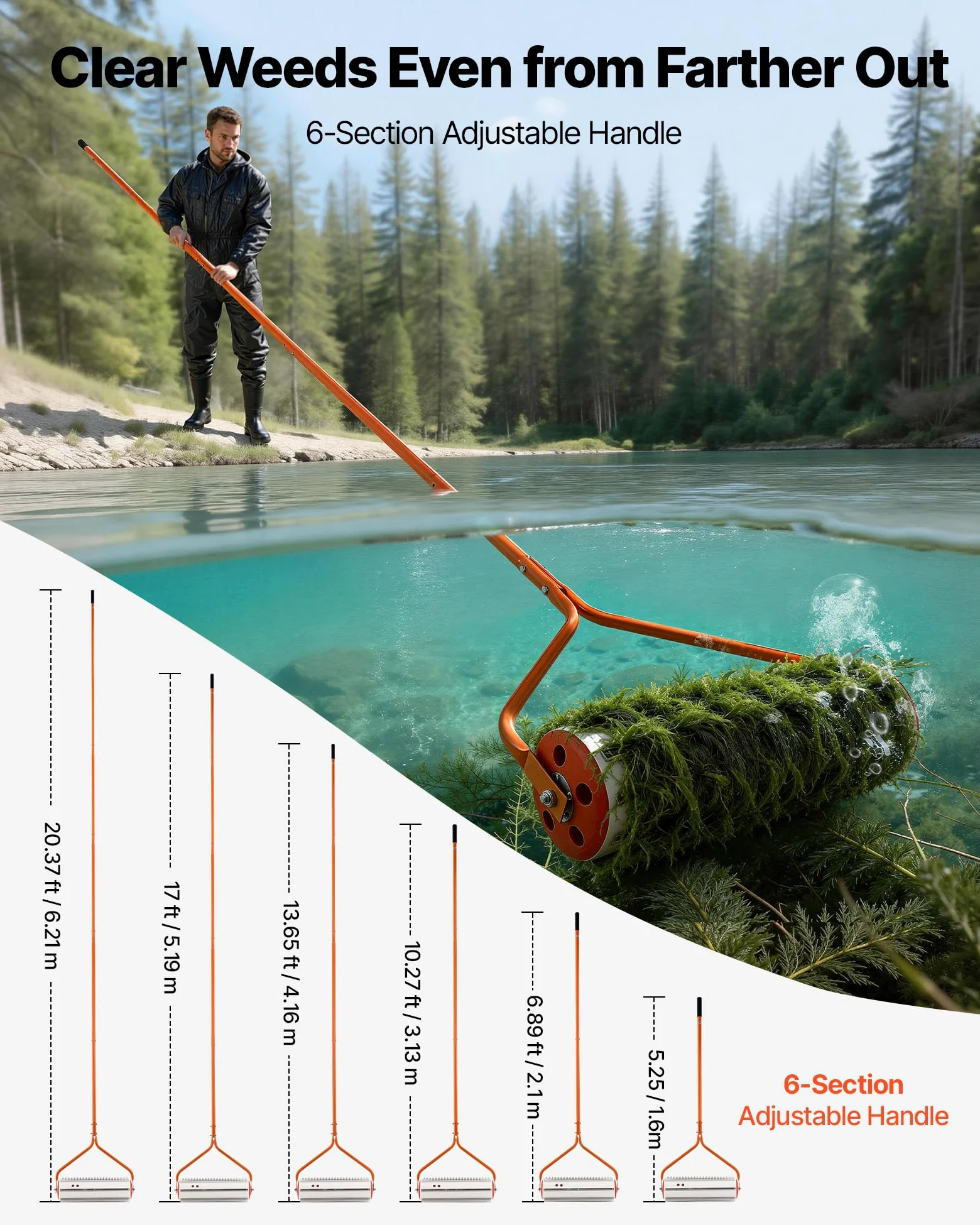 VEVOR Rouleau Désherbeur Aquatique 6,09 m, Outil Coupe Herbes pour Étang et Lac, Élimination des Herbes Racines et Vase, Manche Réglable en 6 Sections en Aluminium, 6 Lames Dentées en Acier Inoxydable