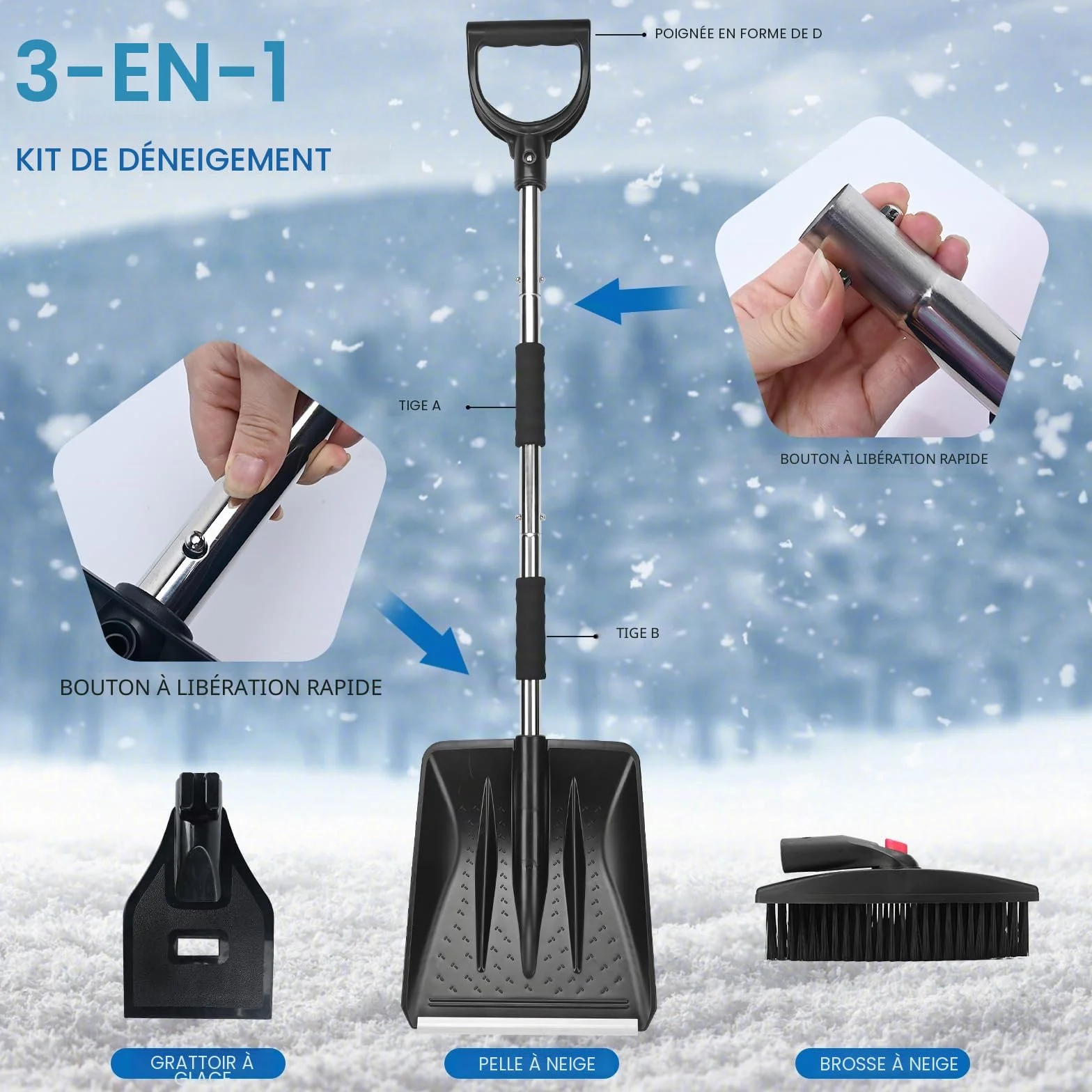 Kit de Pelle à Neige rétractable 3 en 1 avec Grattoir à Glace, Brosse à Neige et Sac de Rangement
