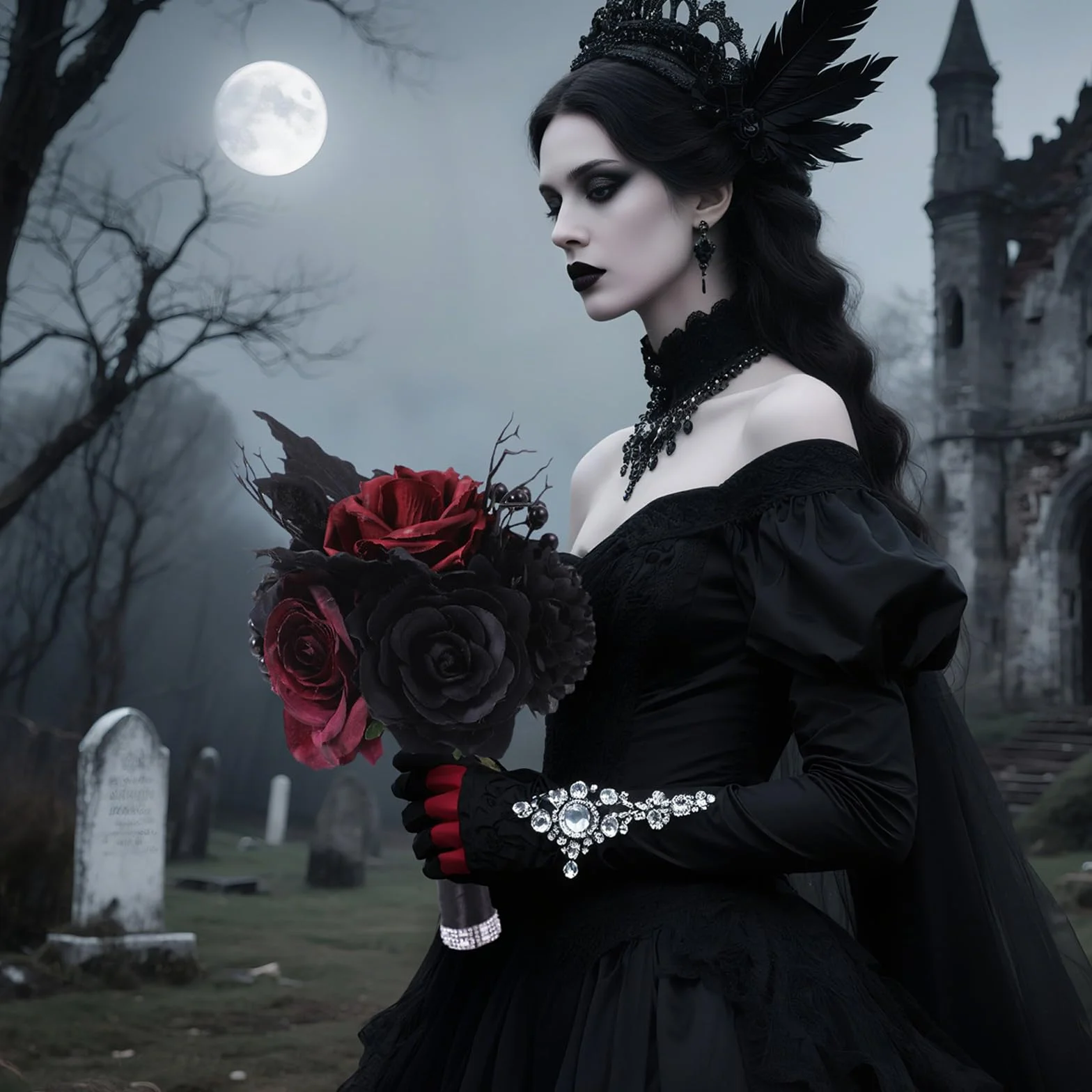 Bouquet de mariage sombre style gothique noir et bordeaux rose pour mariée