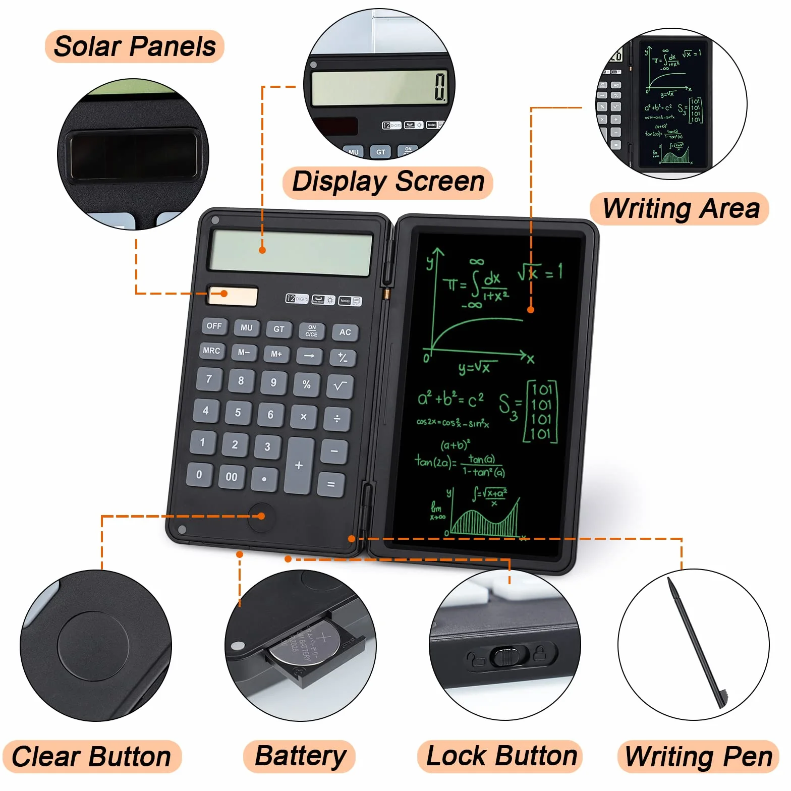 Tablette d'écriture LCD Effaçable Calculatrice Bureau 12 Chiffres Solaire Batterie Double Alimentation Poche Noir