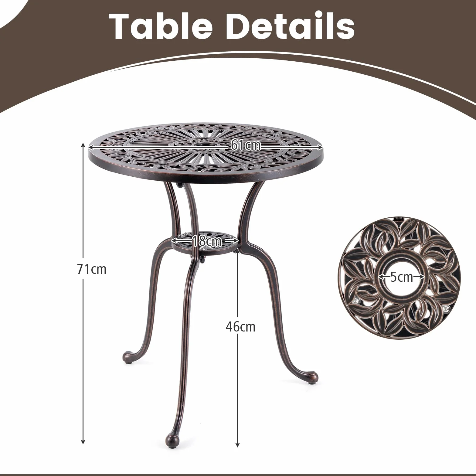 GIANTEX Table de bistrot extérieur fonte aluminium 61 cm trou parapluie coussinets pieds réglables