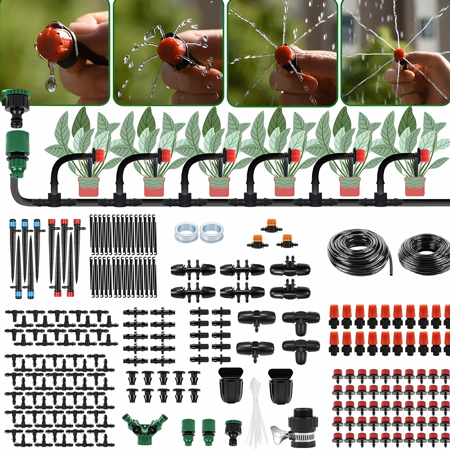 Nikou Kit d'irrigation de jardin 315 pièces, kit d'irrigation de jardin, 60 m + 15 m, tuyau d'arrosage automatique par goutte, système de refroidissement pour paysage, plantes, serre