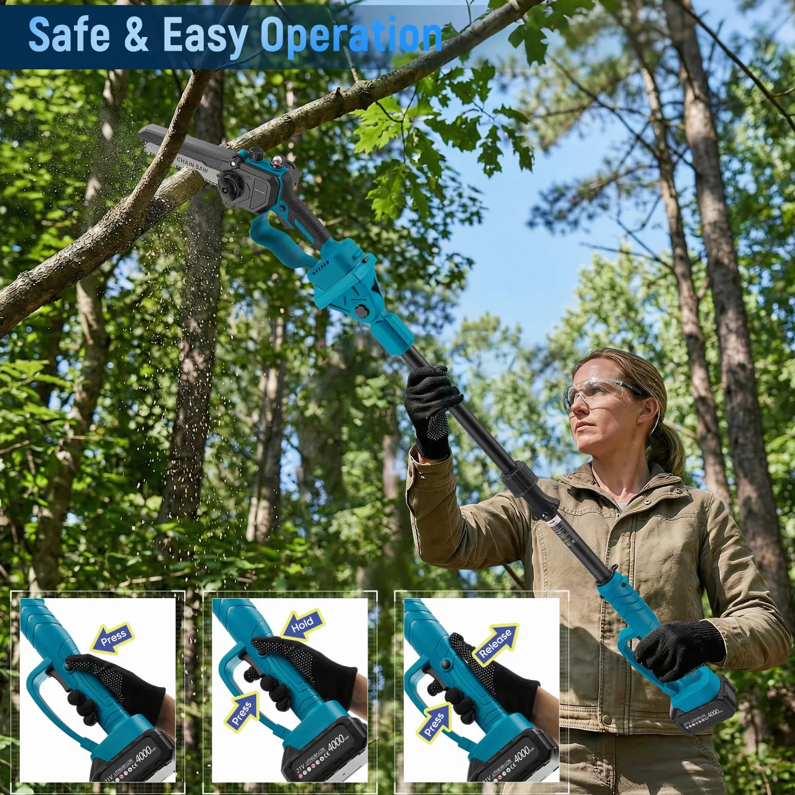 Élagueuse sur perche sans fil 4 en 1, mini tronçonneuse sans balais 6 et 8 pouces avec 2 batteries de 4000 mAh, portée de 4,6 m, outil de jardinage pour l'élagage et la coupe de branches