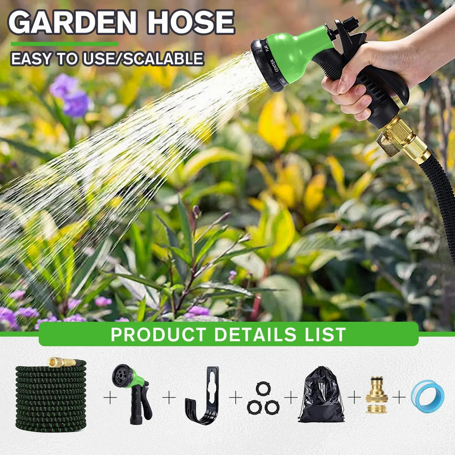 LINGKY Tuyau Arrosage Extensible 23m, Tuyaux d'arrosage Embout 8 Modes Pistolet, 3/4" 1/2" Raccord Adaptateur Robinet Cuisine, Tyau Arrosage Retractable Extensibilités Support Tuyau-arrosage Mural