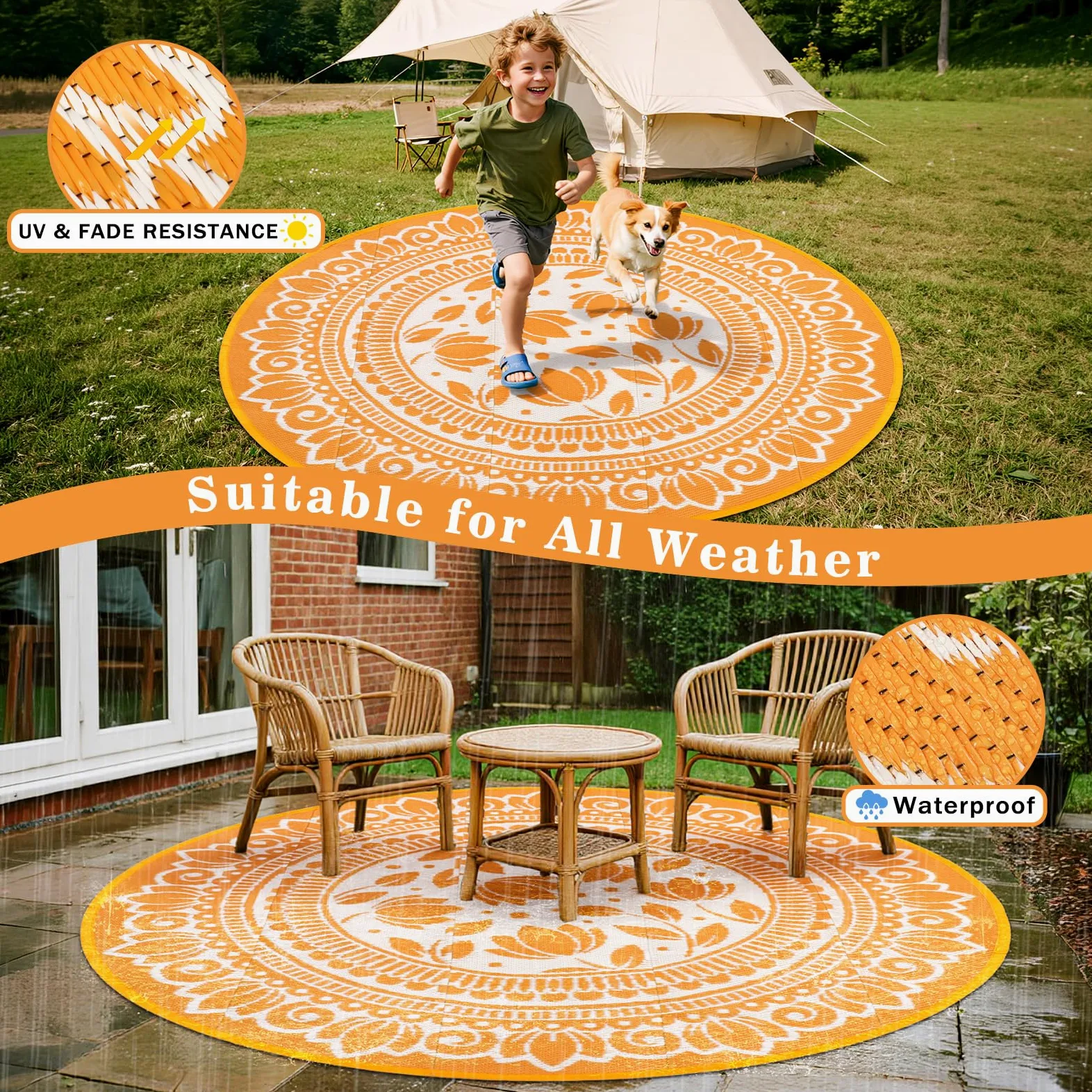 Tapis d'extérieur rond, noir, 180 cm, style bohème, résistant aux intempéries, réversible, en plastique, résistant aux UV, pour camping-car, camping, terrasse, plage, jardin, pique-nique