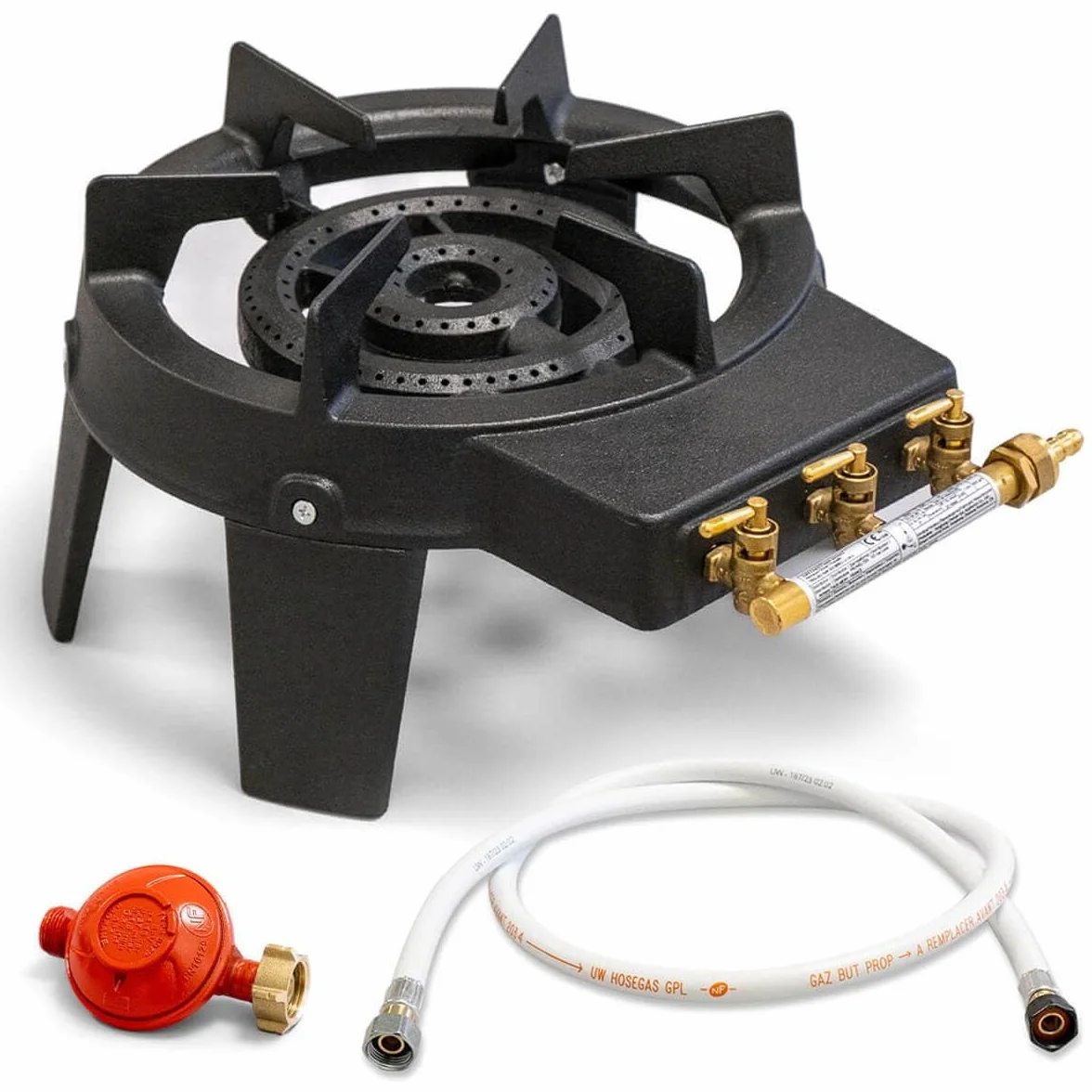 Rechaud à gaz en Fonte véritable 4 Pieds 2 Bruleurs + Détendeur Propane TRIGLAV 9800