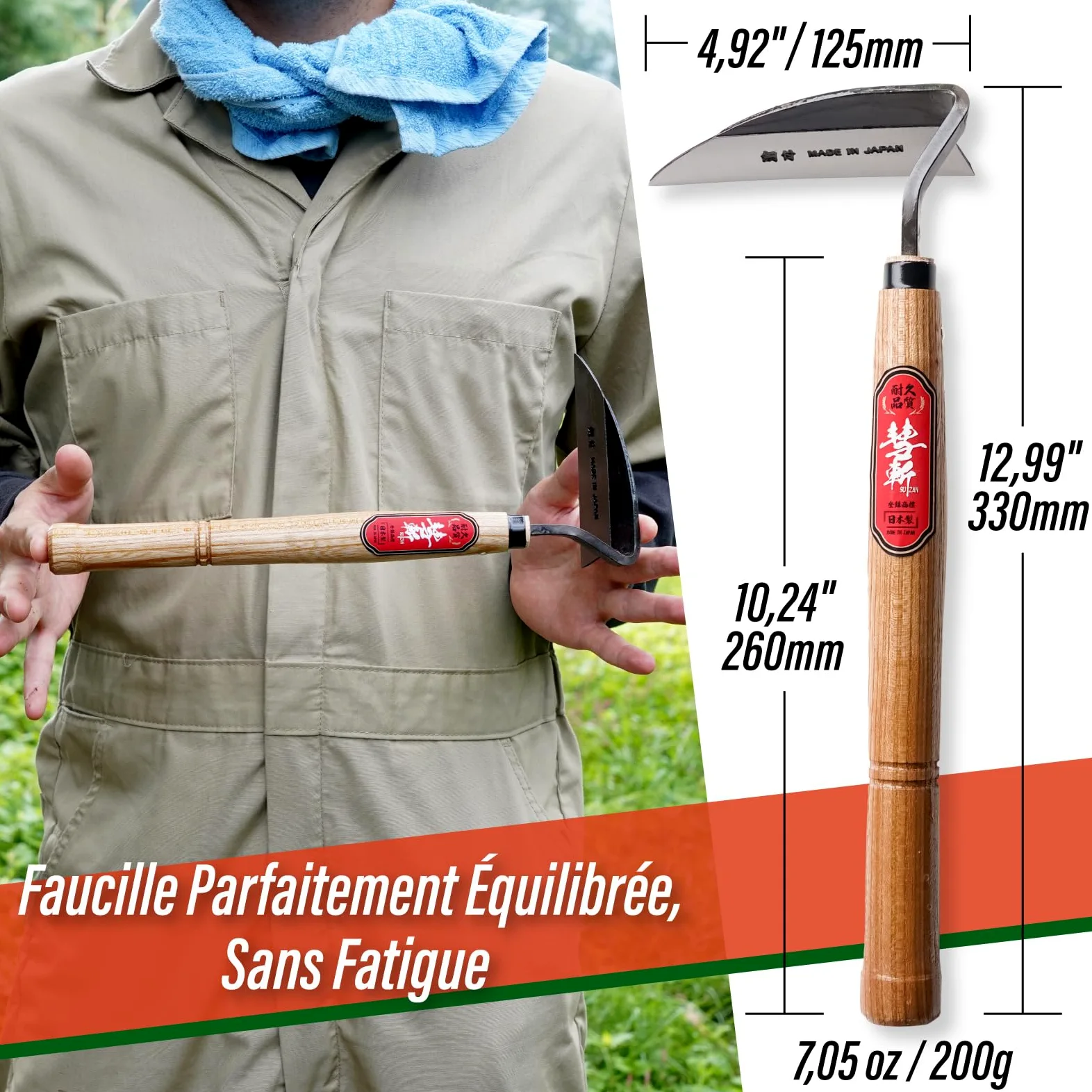 SUIZAN Faucille de désherbage Nejirikama 330mm - Binette Japonaise Sarcloir | Professionnelle Nejiri Kama Désherbeur Arracher Mauvaises herbes Sarclage Potager Massif Ameublir Racines Jardinage Outils